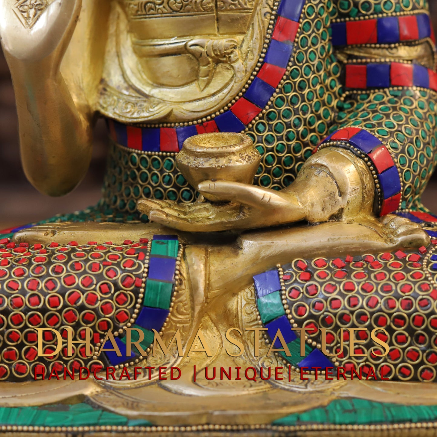 Brass Buddha seated in Vitarka Mudra, Golden Finish & Stonework, 16"