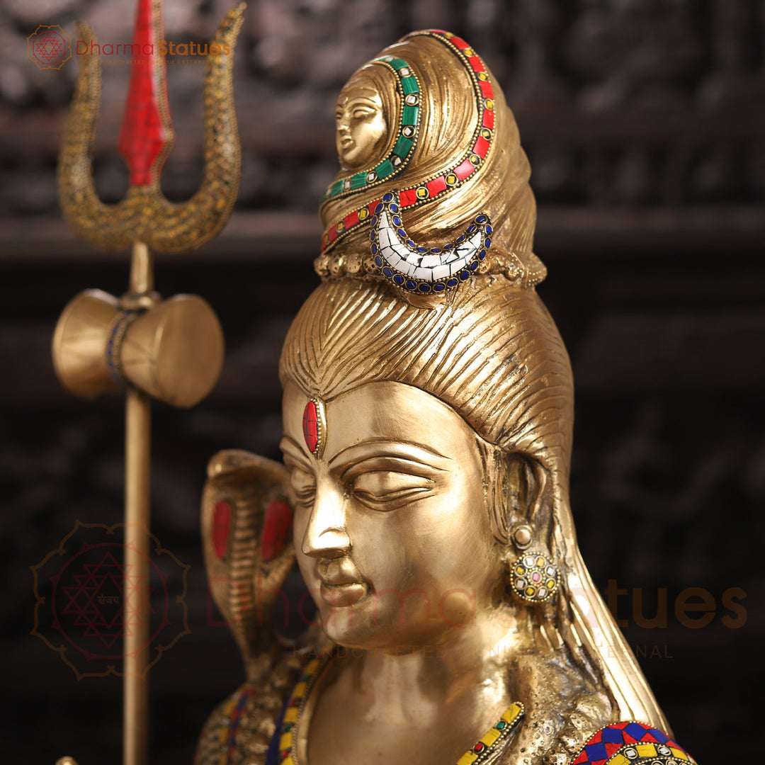 Brass Shiva Statue -Eternal Guardian of the Ganges, Masterpiece, Gold Finish with Stonework  36"