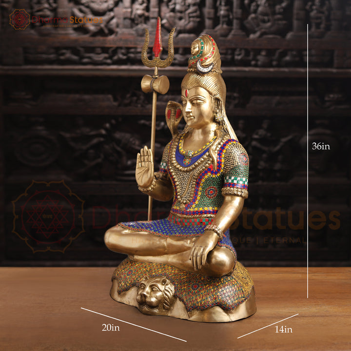 Brass Shiva Idol, Seated on Lion Skin, Fine Golden and Stone Work 36" side view