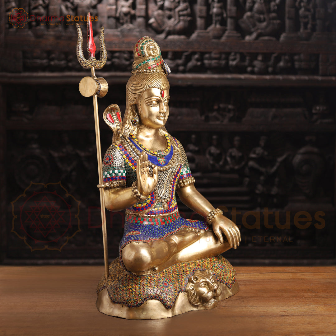 Brass Shiva Idol, Seated on Lion Skin, Fine Golden and Stone Work 36" side view