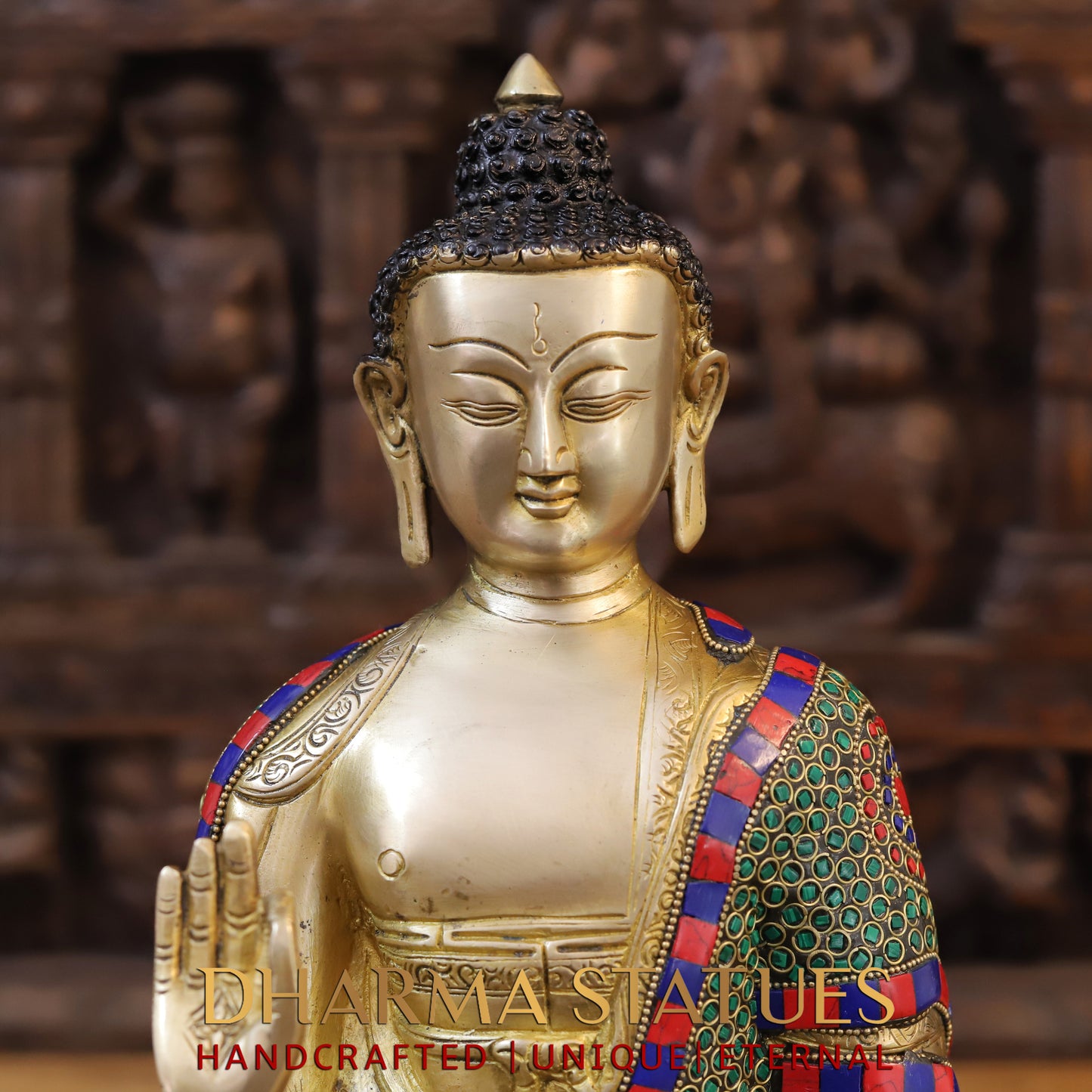 Brass Buddha seated in Vitarka Mudra, Golden Finish & Stonework, 16"