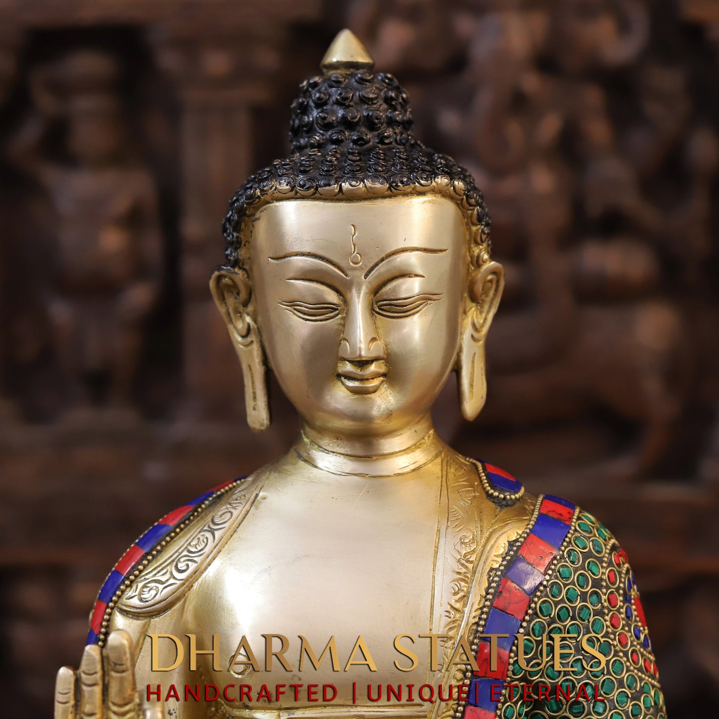 Brass Buddha seated in Vitarka Mudra, Golden Finish & Stonework, 16"