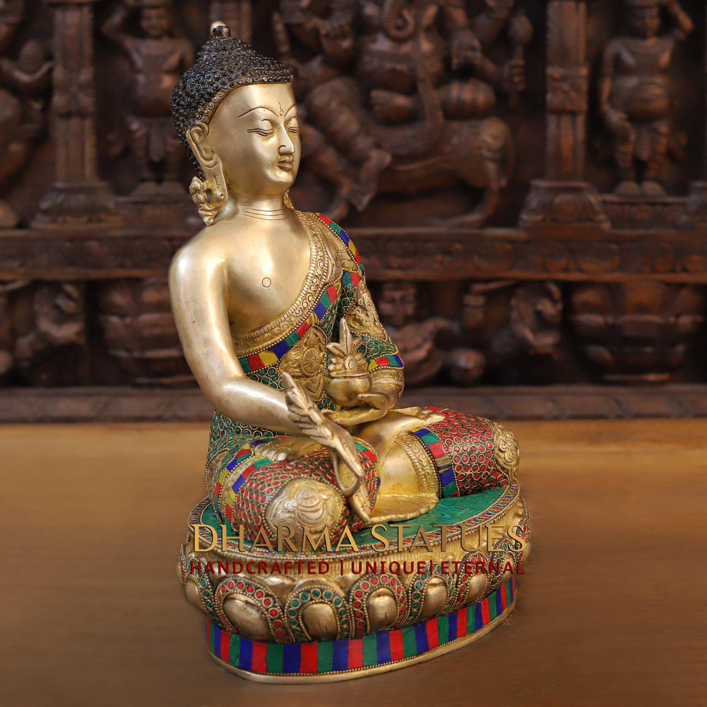 Brass Buddha seated, Golden & Stonework, 14.5"