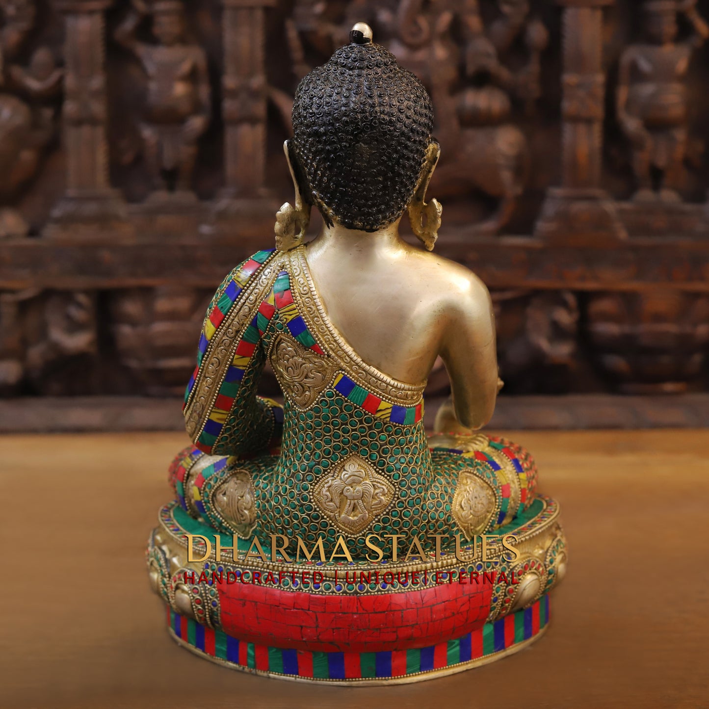 Brass Buddha seated, Golden & Stonework, 14.5"