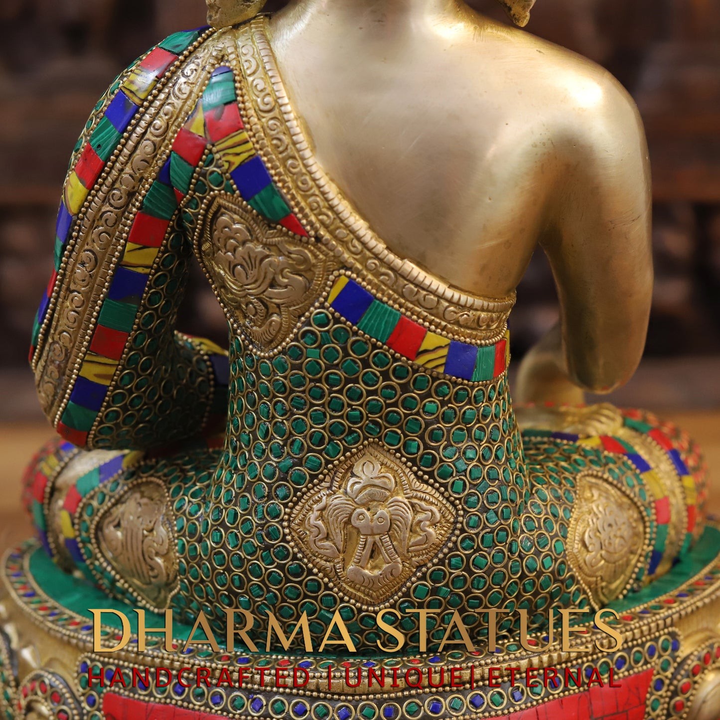 Brass Buddha seated, Golden & Stonework, 14.5"