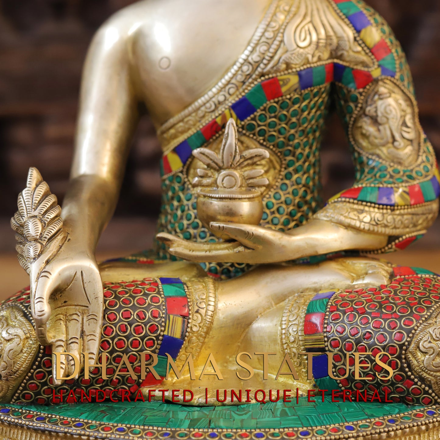 Brass Buddha seated, Golden & Stonework, 14.5"