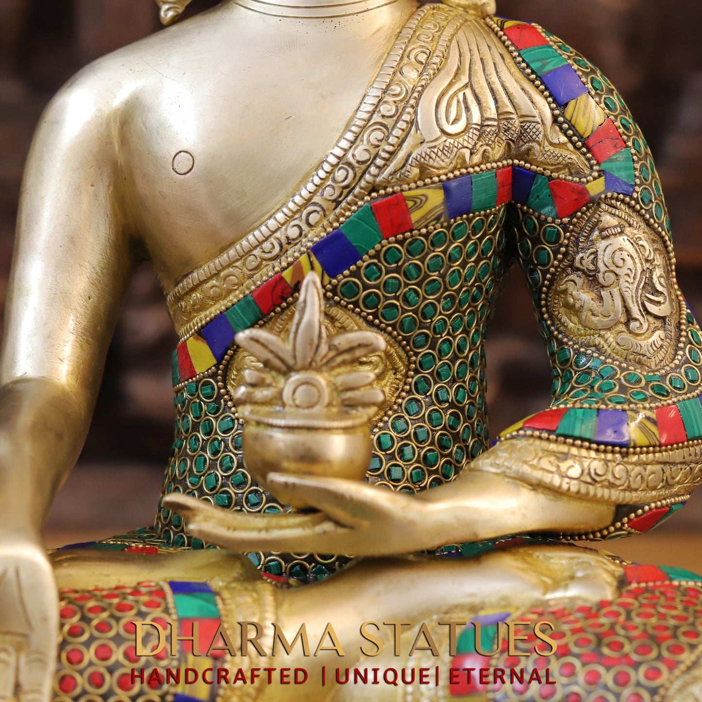 Brass Buddha seated, Golden & Stonework, 14.5"
