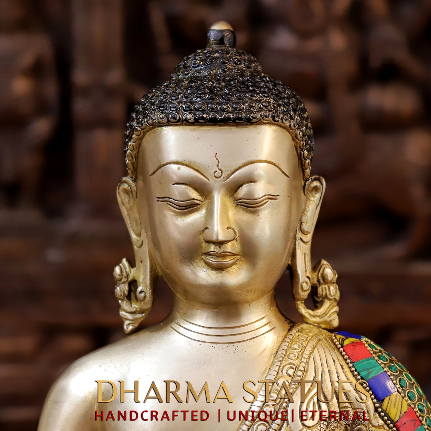 Brass Buddha seated, Golden & Stonework, 14.5"