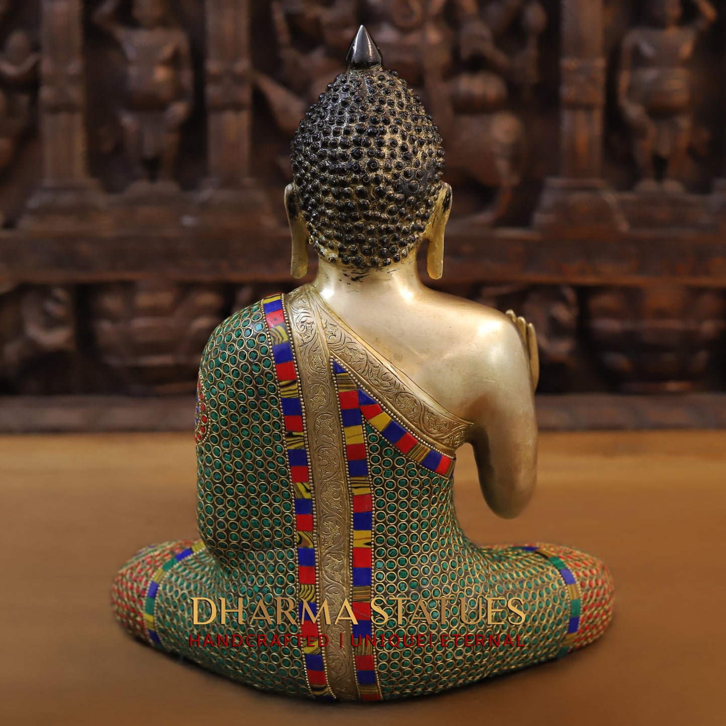 Brass Buddha seated, Blessing Position, Golden & Stonework, 14"