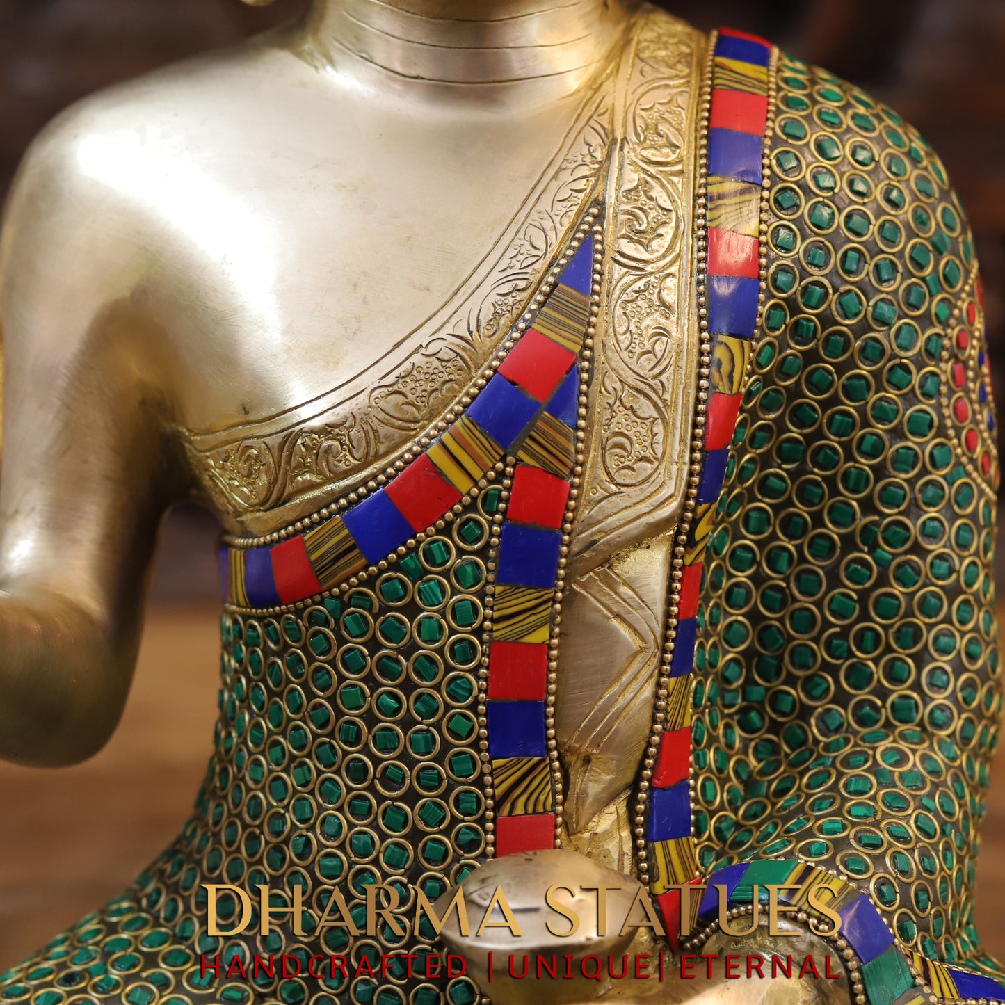 Brass Buddha seated, Blessing Position, Golden & Stonework, 14"
