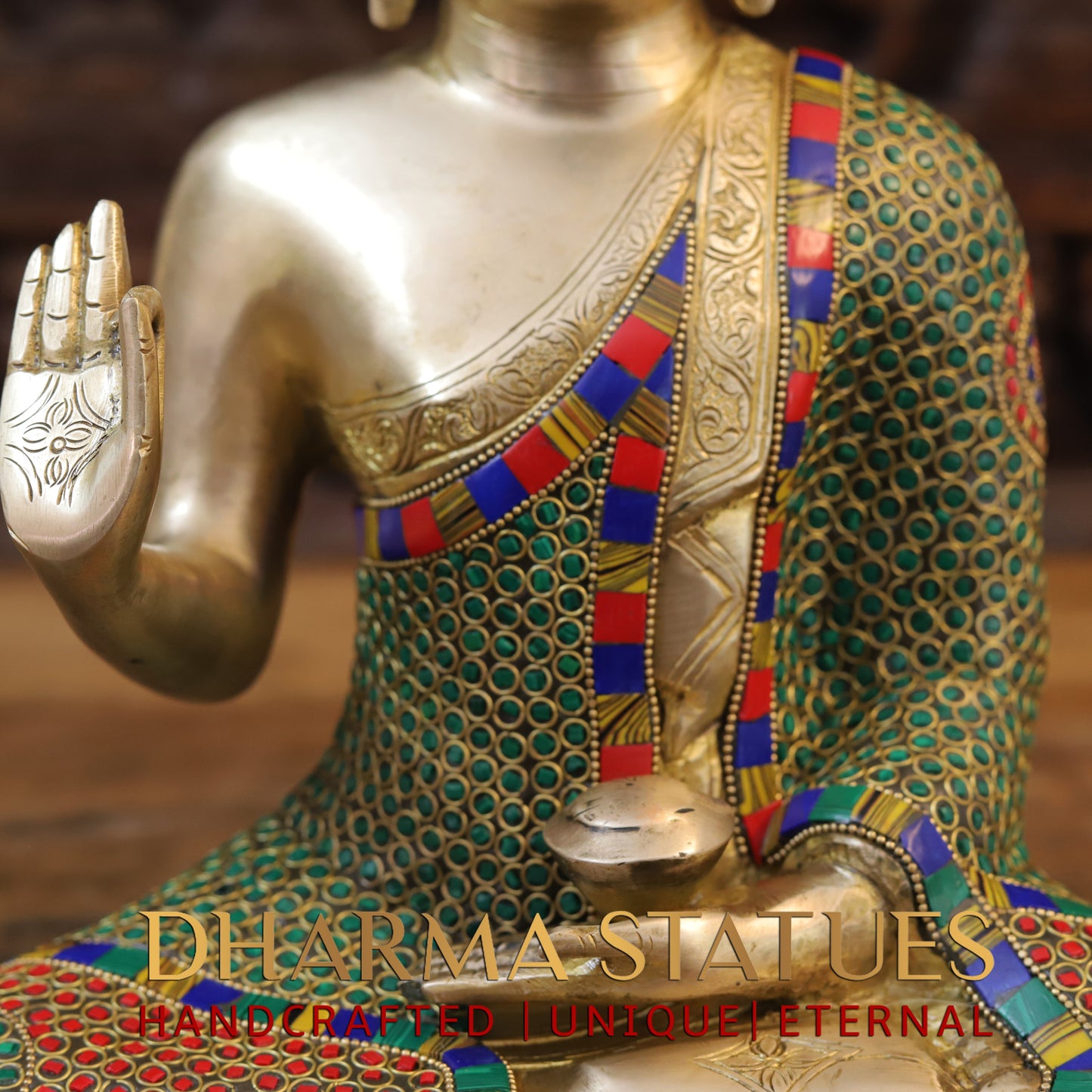 Brass Buddha seated, Blessing Position, Golden & Stonework, 14"