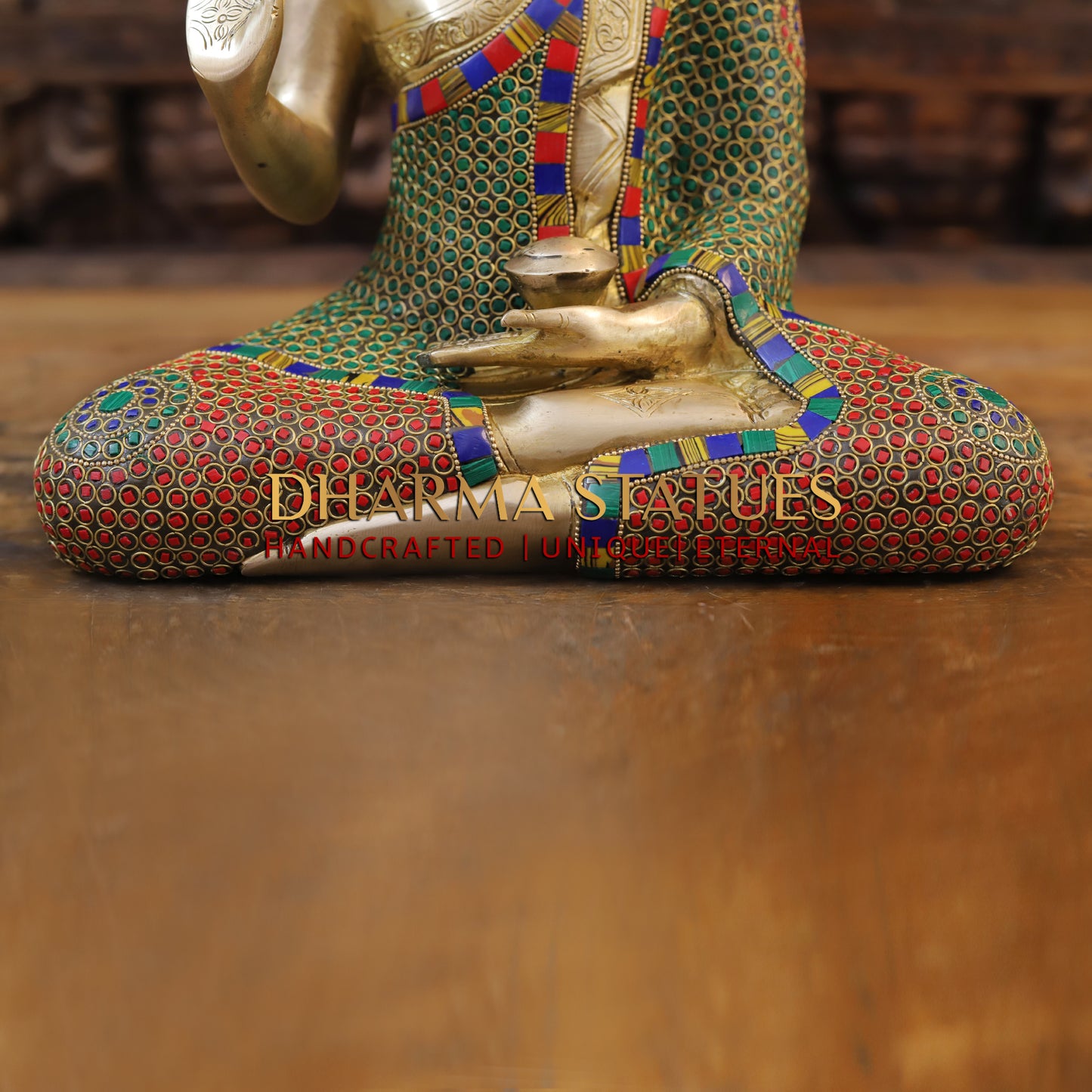 Brass Buddha seated, Blessing Position, Golden & Stonework, 14"