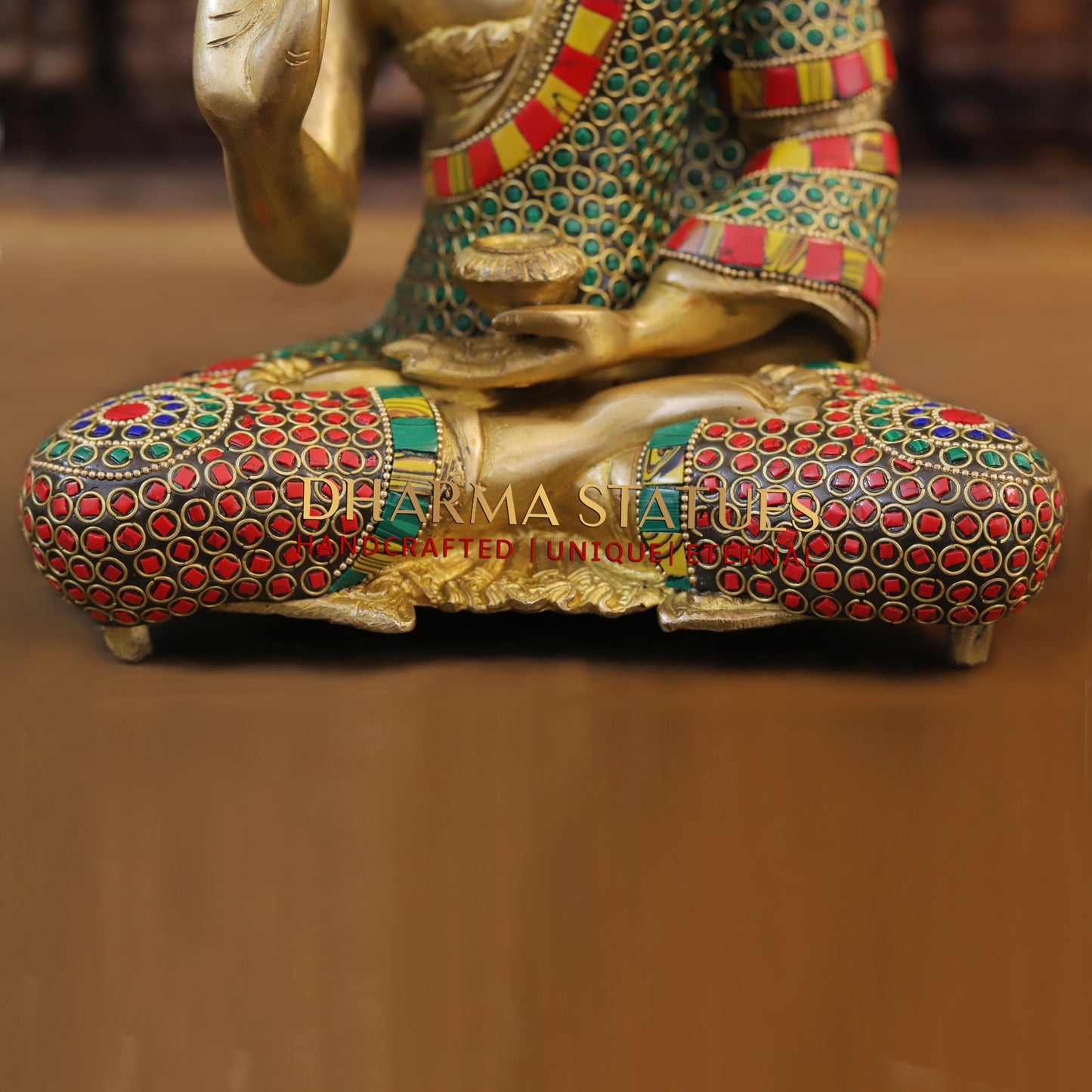 Brass Buddha seated, Blessing Position, Golden & Stonework, 11"