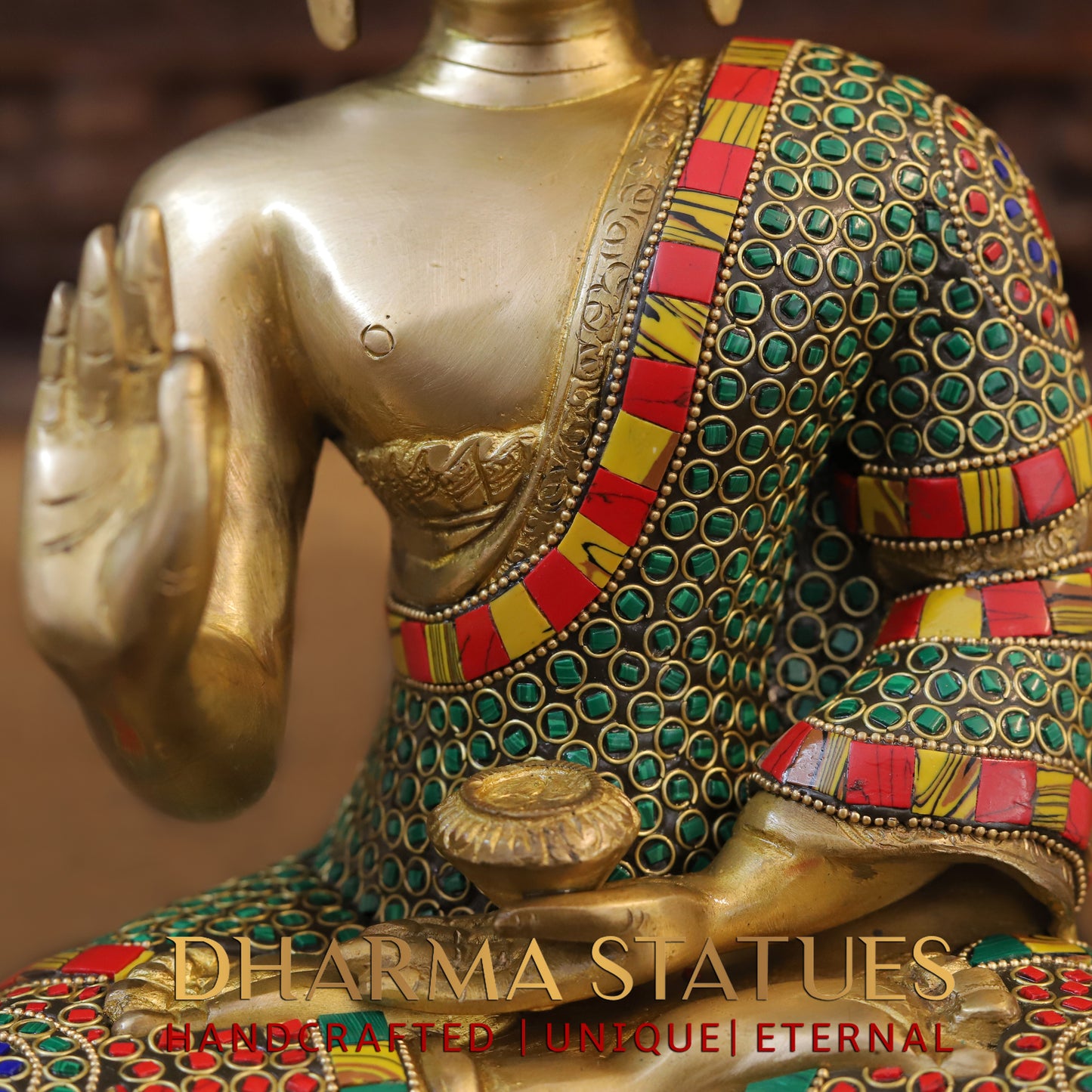 Brass Buddha seated, Blessing Position, Golden & Stonework, 11"