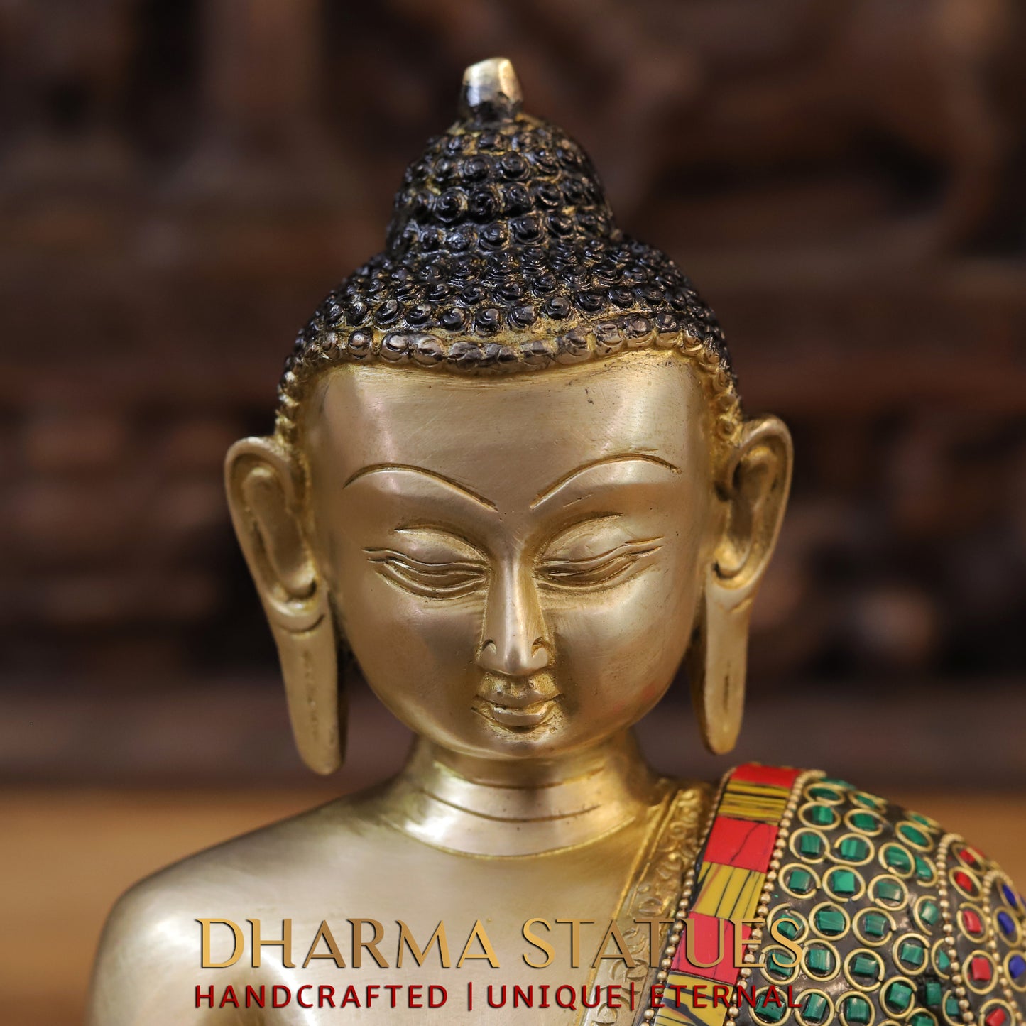 Brass Buddha seated, Blessing Position, Golden & Stonework, 11"