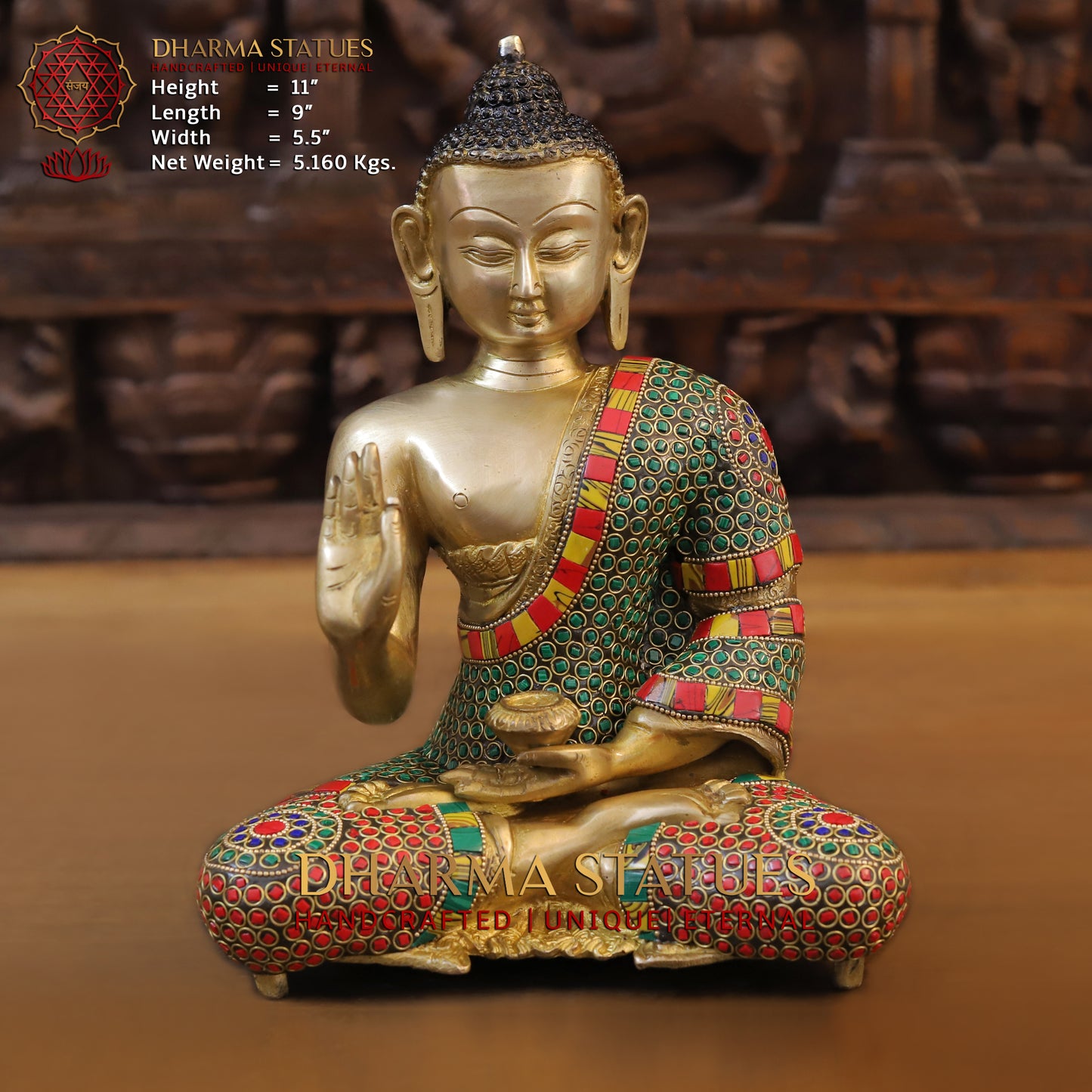 Brass Buddha seated, Blessing Position, Golden & Stonework, 11"