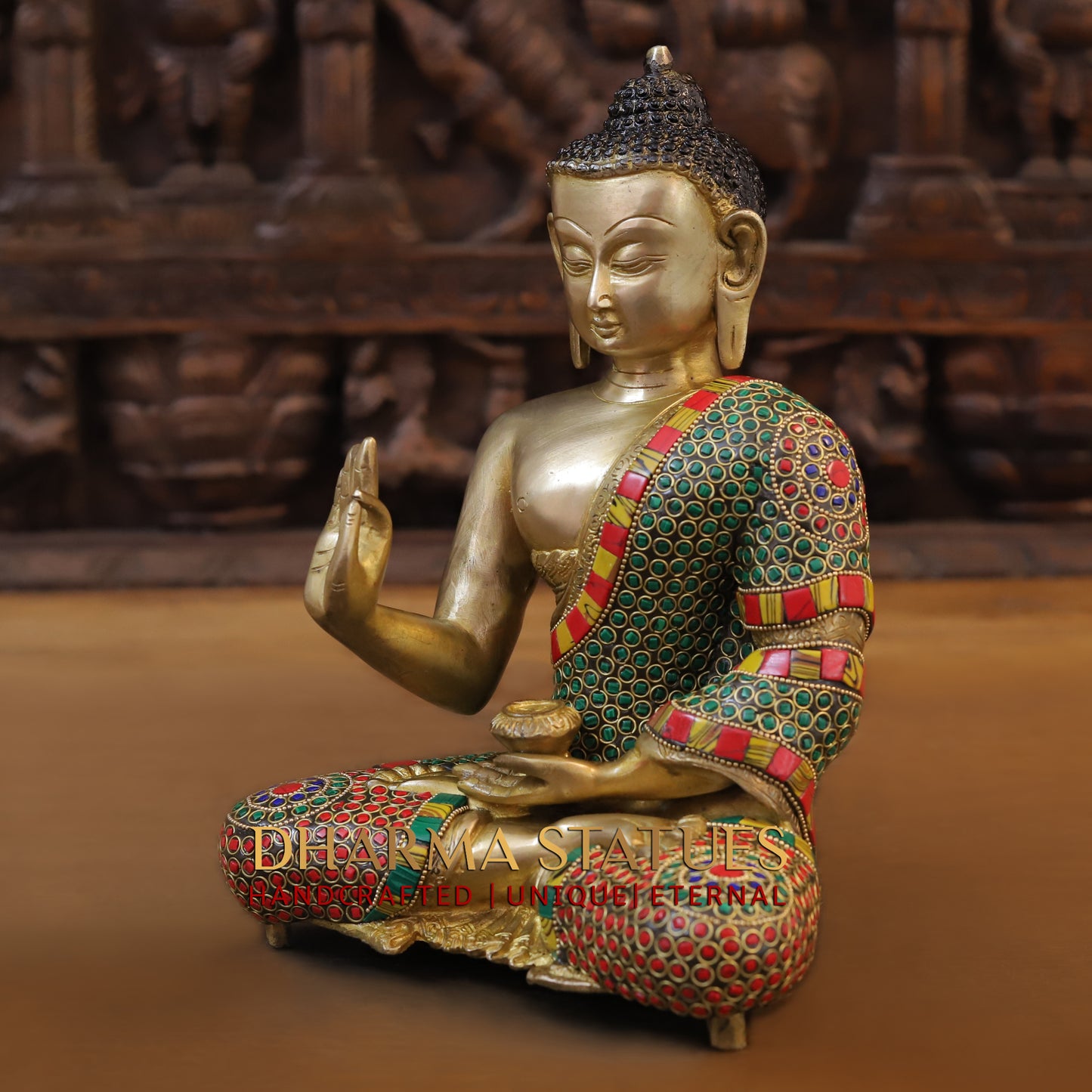 Brass Buddha seated, Blessing Position, Golden & Stonework, 11"