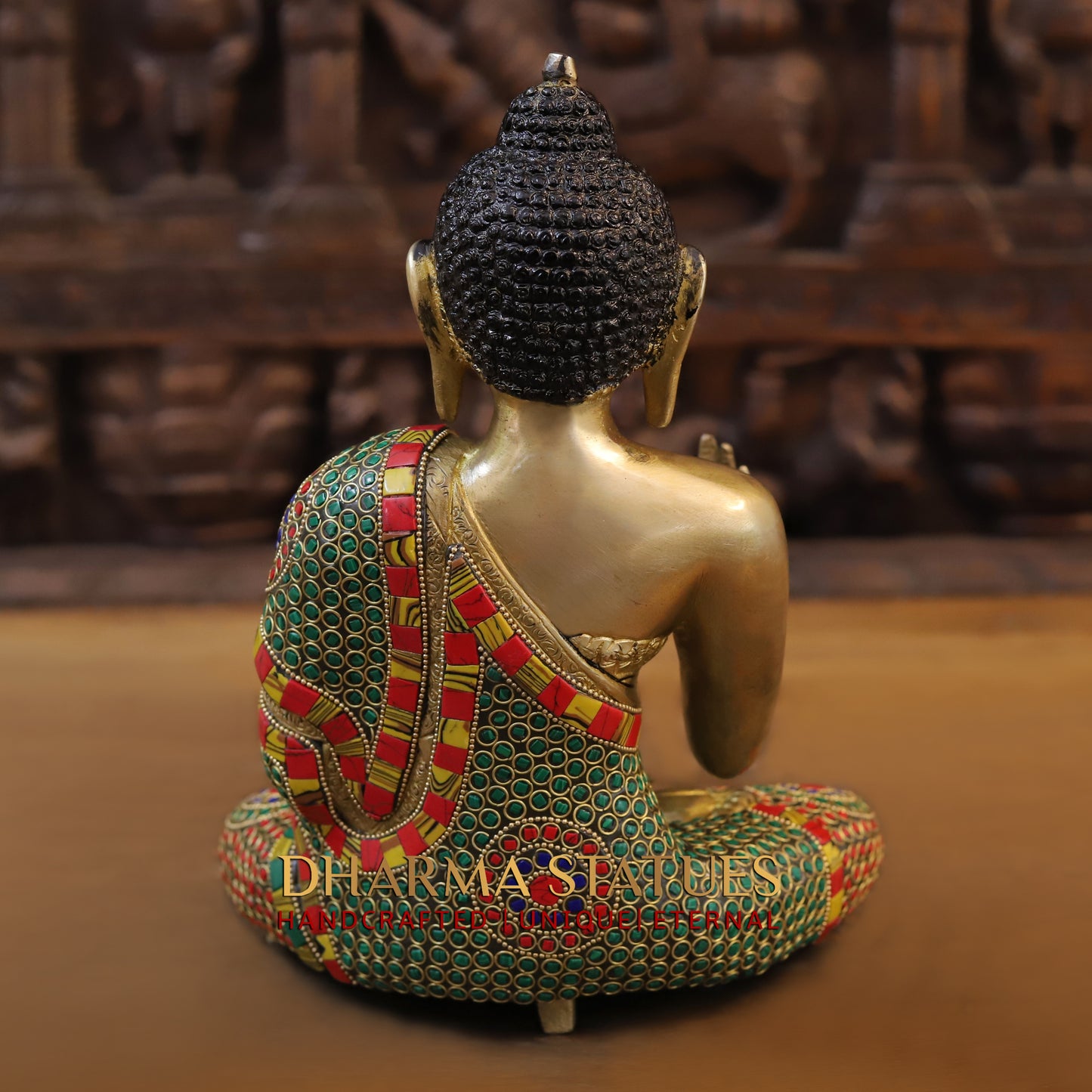 Brass Buddha seated, Blessing Position, Golden & Stonework, 11"