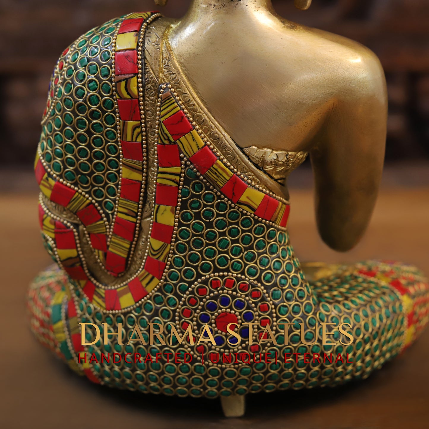 Brass Buddha seated, Blessing Position, Golden & Stonework, 11"