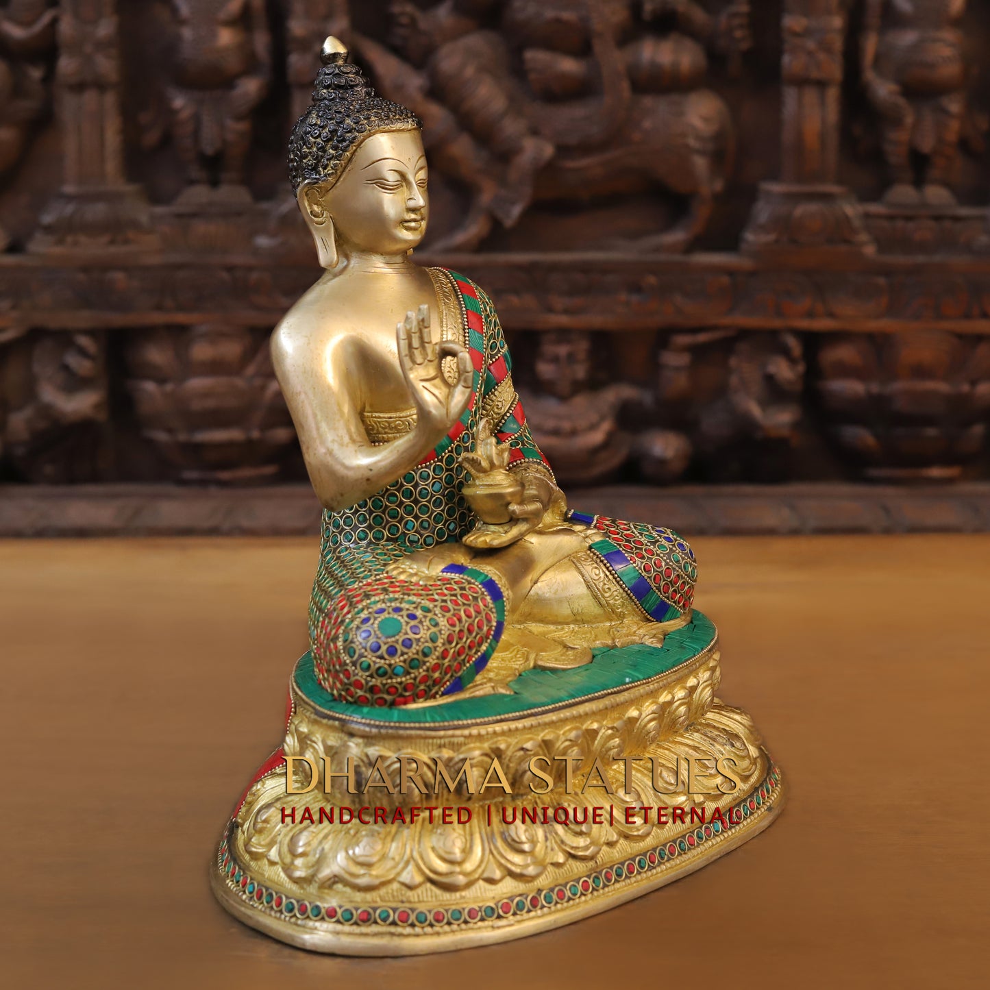 Brass Buddha seated, Blessing Position, Golden & Stonework, 13"