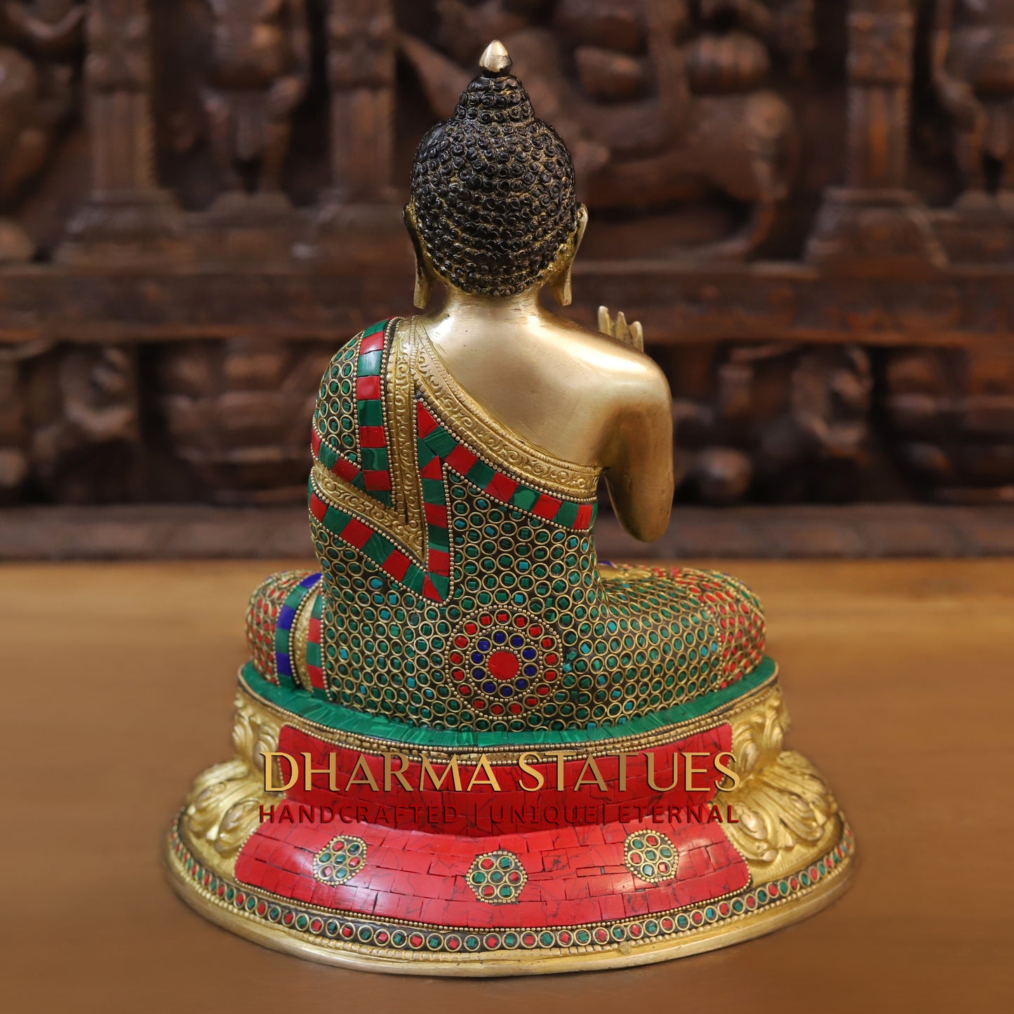 Brass Buddha seated, Blessing Position, Golden & Stonework, 13"