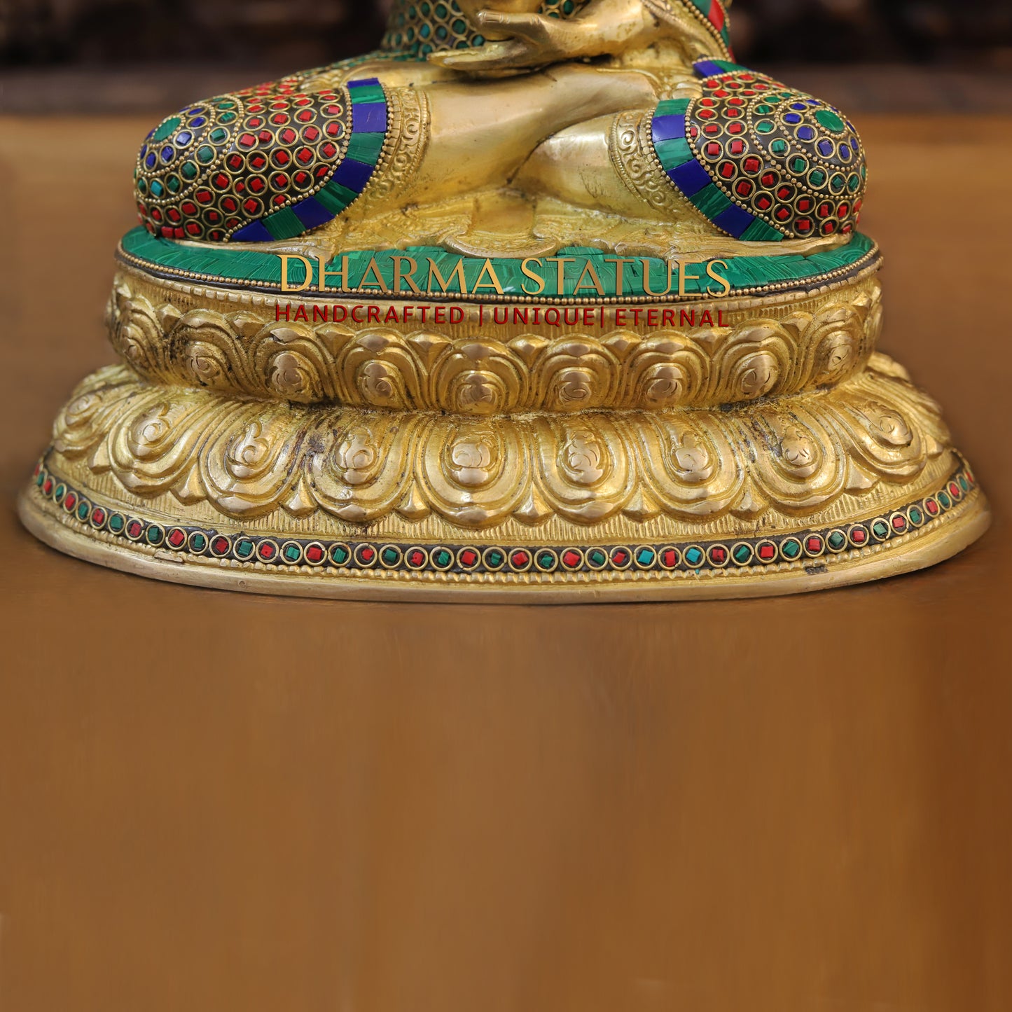 Brass Buddha seated, Blessing Position, Golden & Stonework, 13"