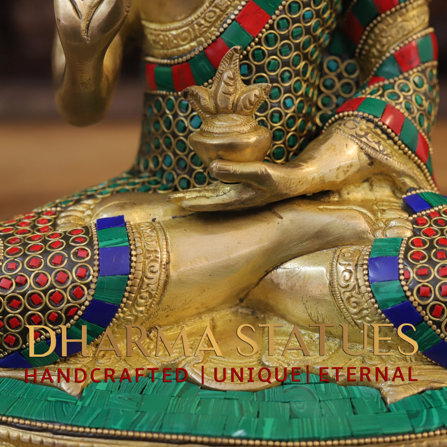 Brass Buddha seated, Blessing Position, Golden & Stonework, 13"