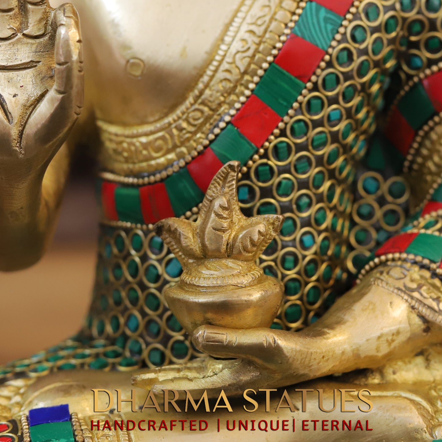 Brass Buddha seated, Blessing Position, Golden & Stonework, 13"