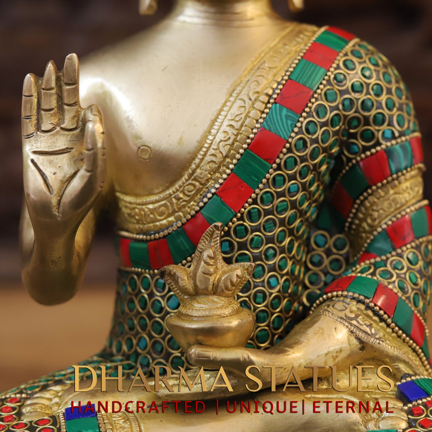 Brass Buddha seated, Blessing Position, Golden & Stonework, 13"