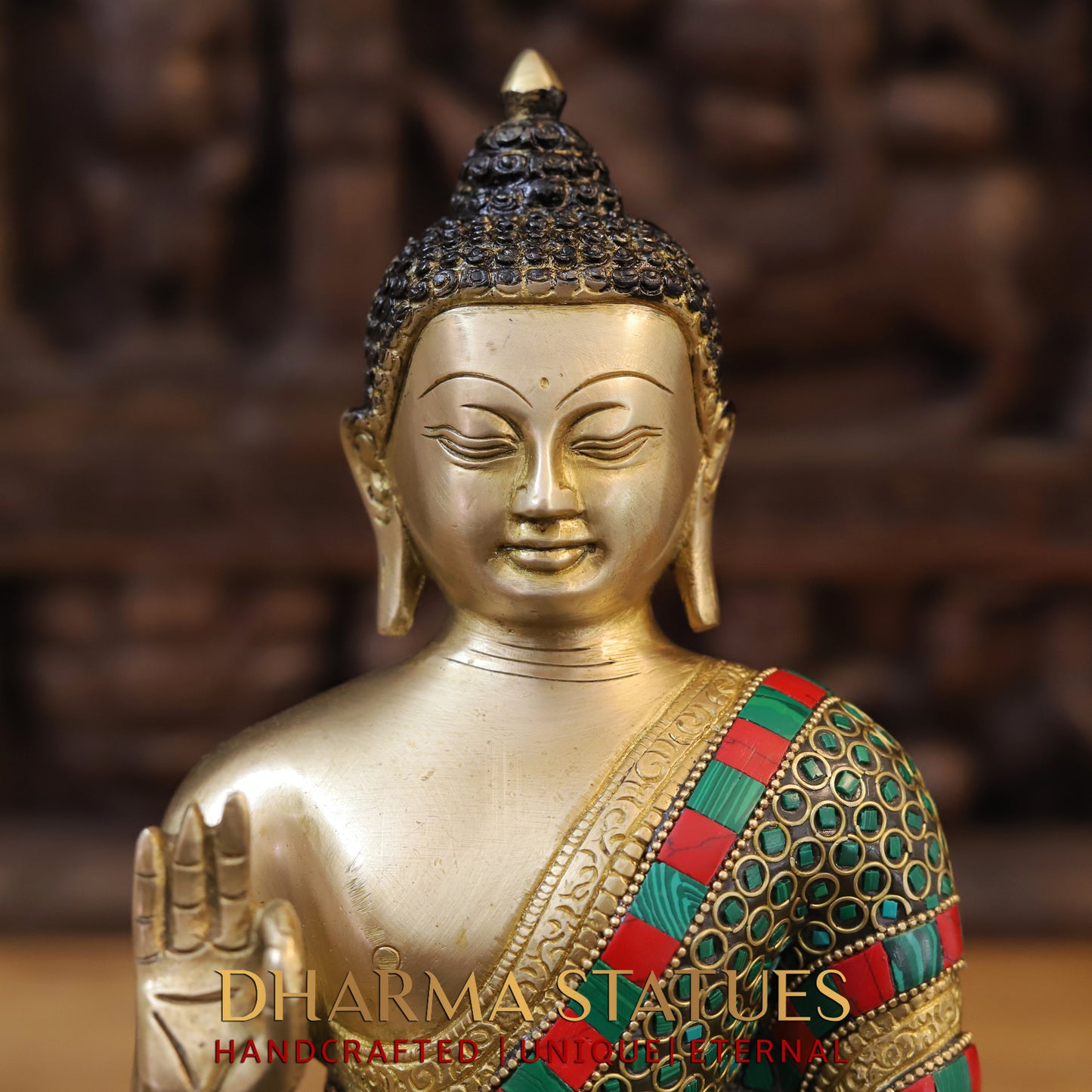 Brass Buddha seated, Blessing Position, Golden & Stonework, 13"