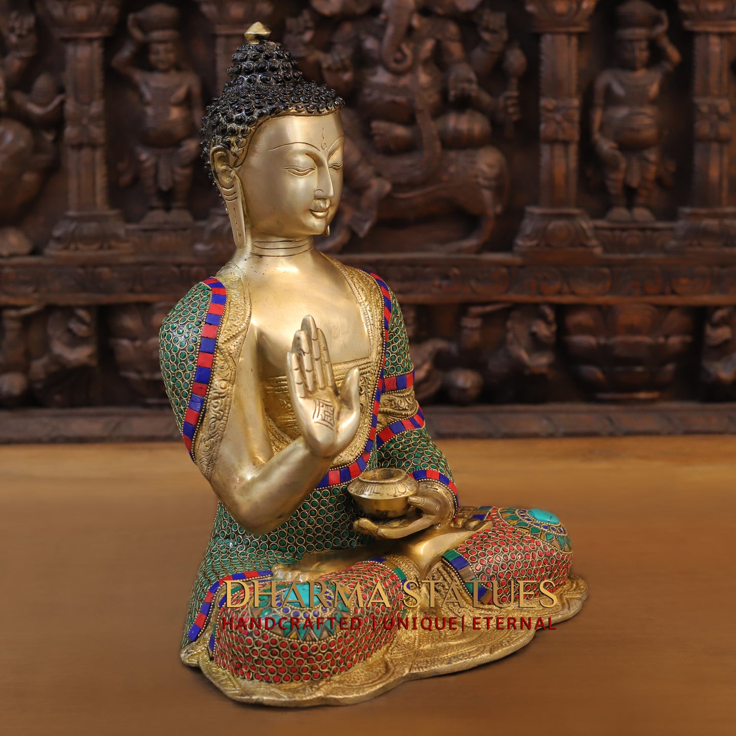 Brass Buddha seated, Blessing Position, Golden & Stonework, 16"