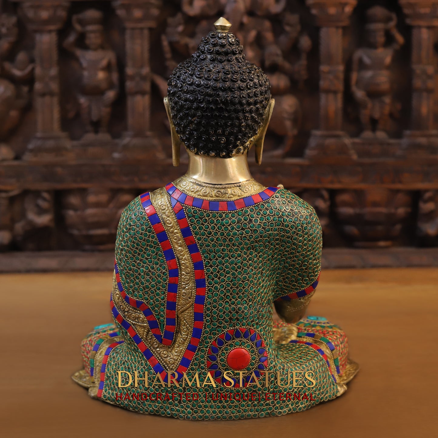 Brass Buddha seated, Blessing Position, Golden & Stonework, 16"