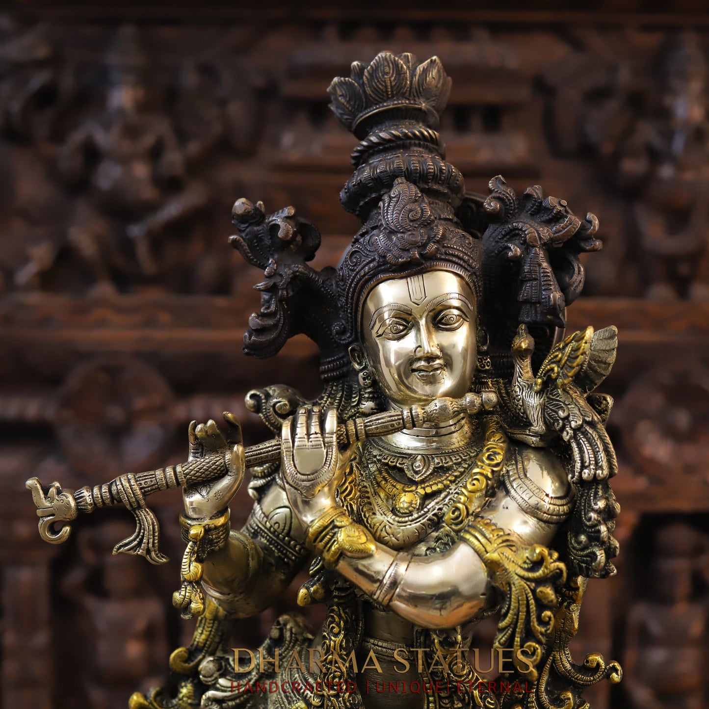 Brass Krishna Playing Flute, Golden & Copper Finish, 30"