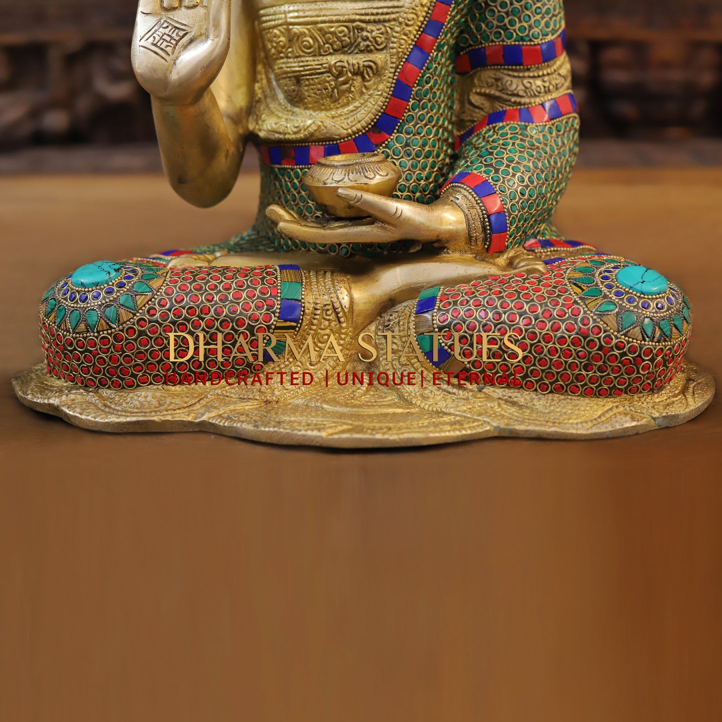 Brass Buddha seated, Blessing Position, Golden & Stonework, 16"