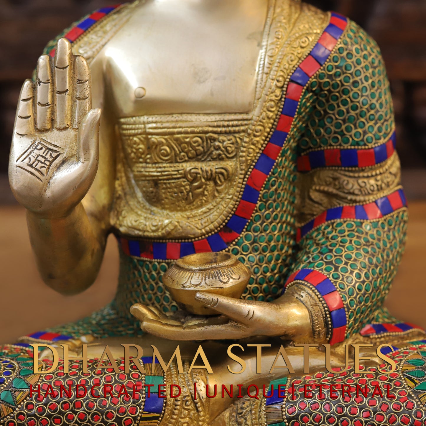Brass Buddha seated, Blessing Position, Golden & Stonework, 16"