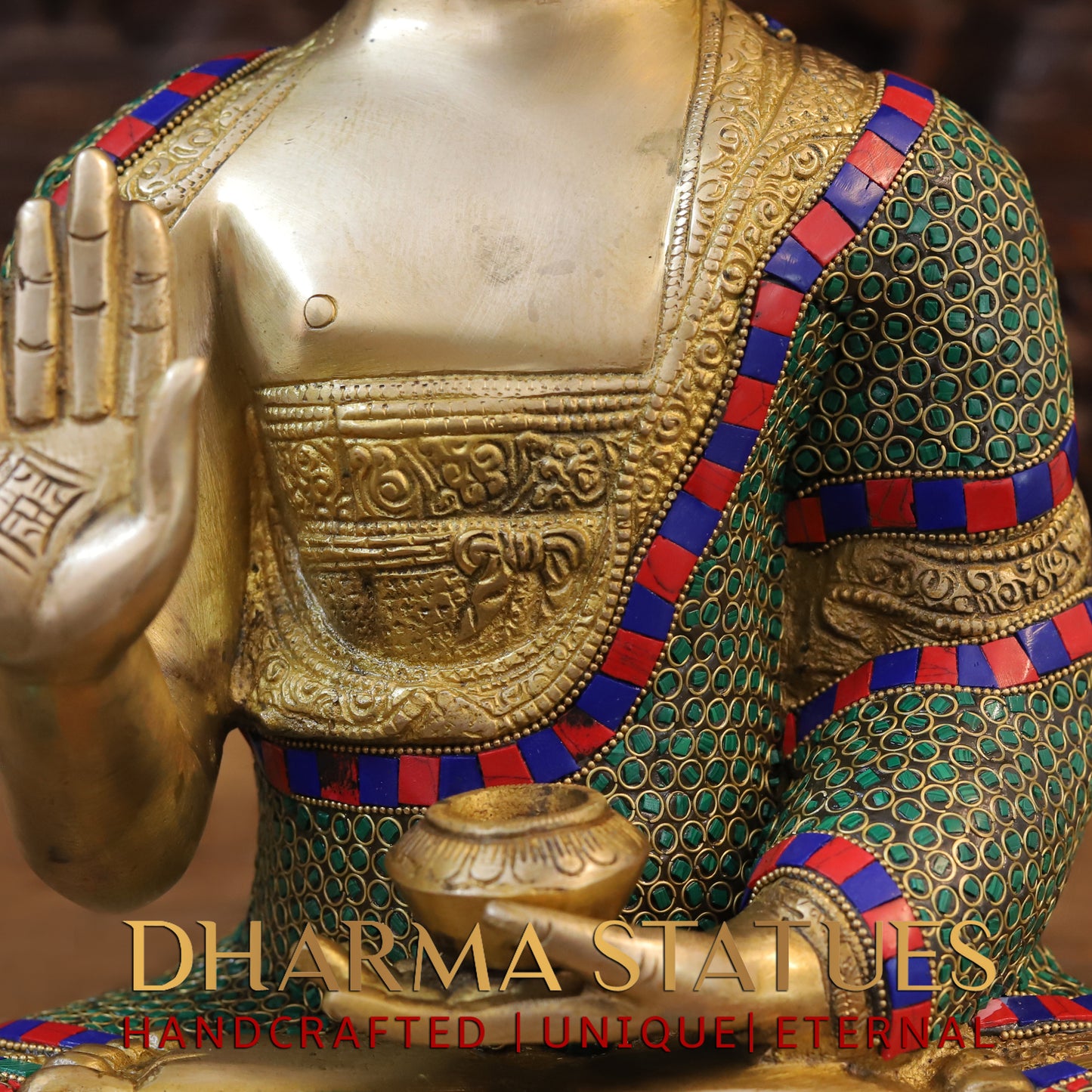 Brass Buddha seated, Blessing Position, Golden & Stonework, 16"