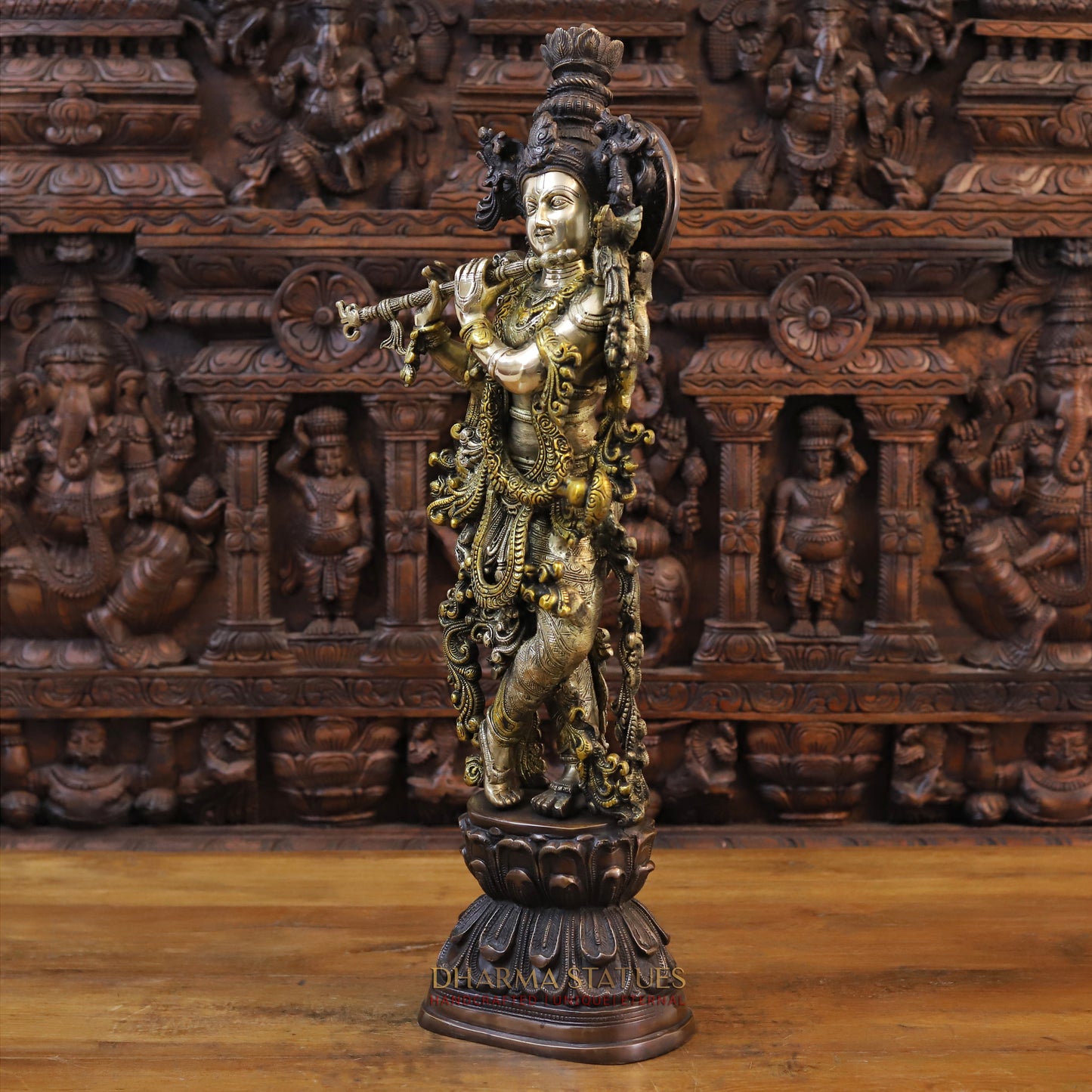 Brass Krishna Playing Flute, Golden & Copper Finish, 30"