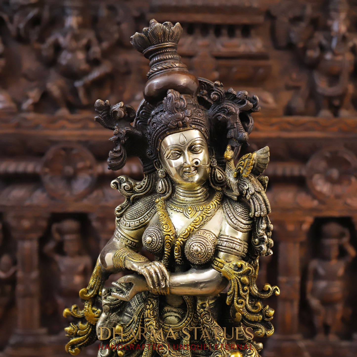 Brass Krishna Playing Flute, Golden & Copper Finish, 30"