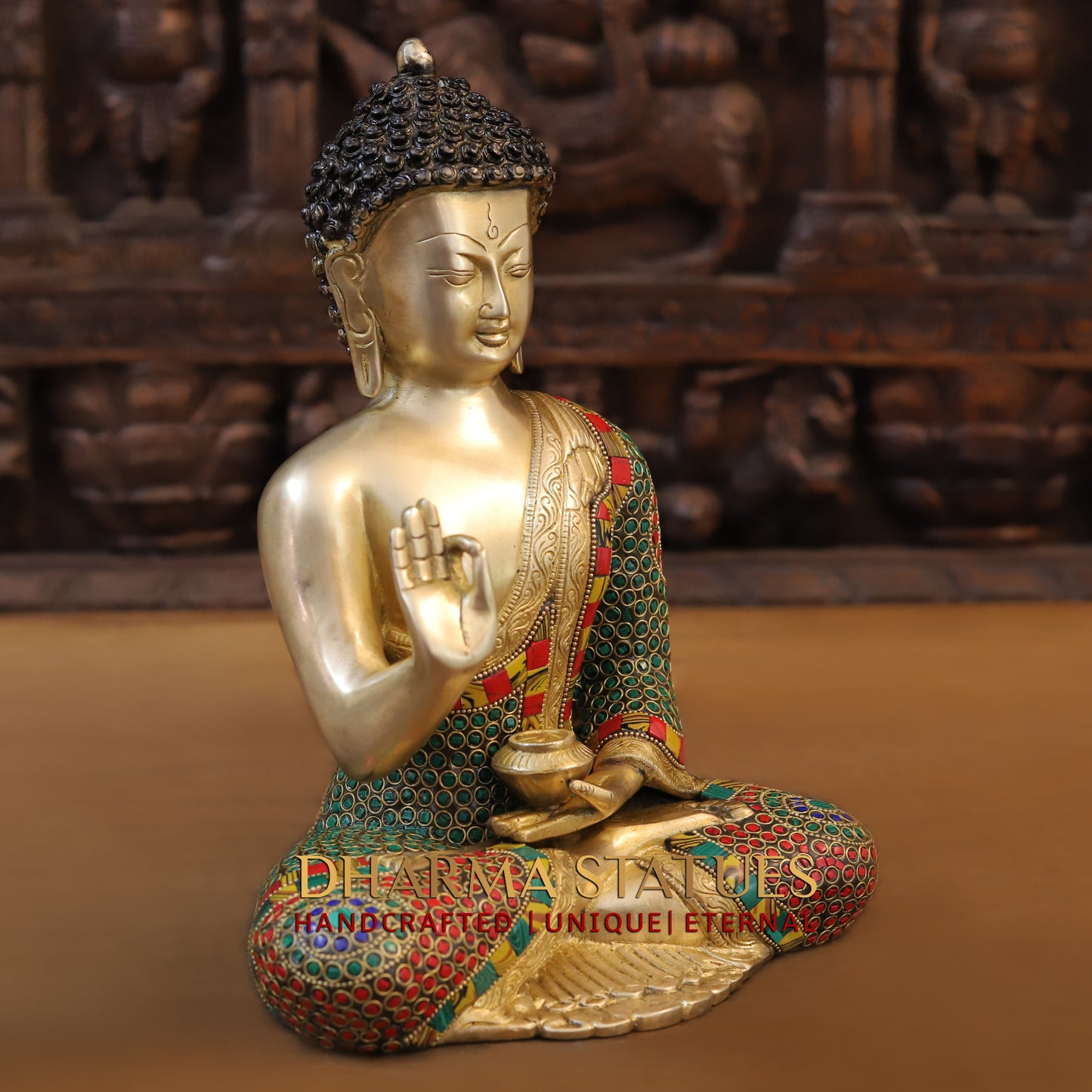 Brass Buddha seated, Blessing Position, Golden & Stonework, 12"