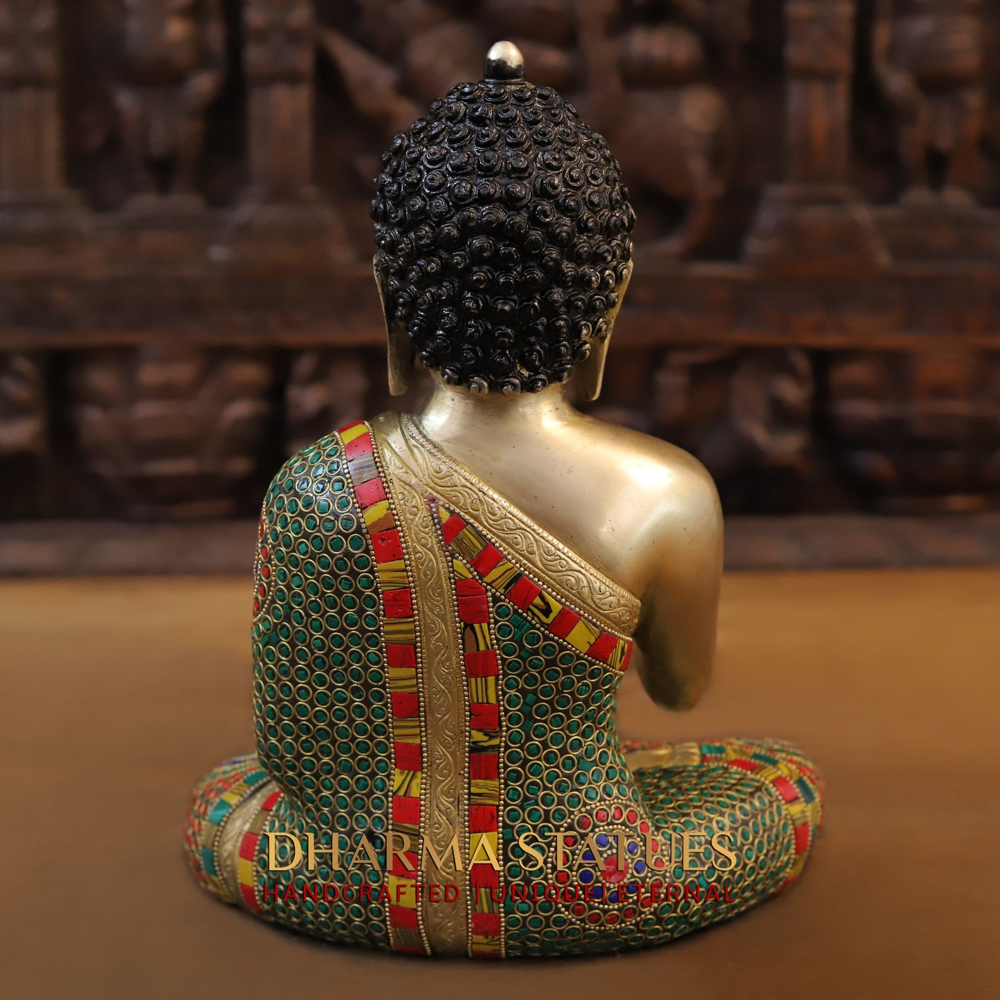 Brass Buddha seated, Blessing Position, Golden & Stonework, 12"