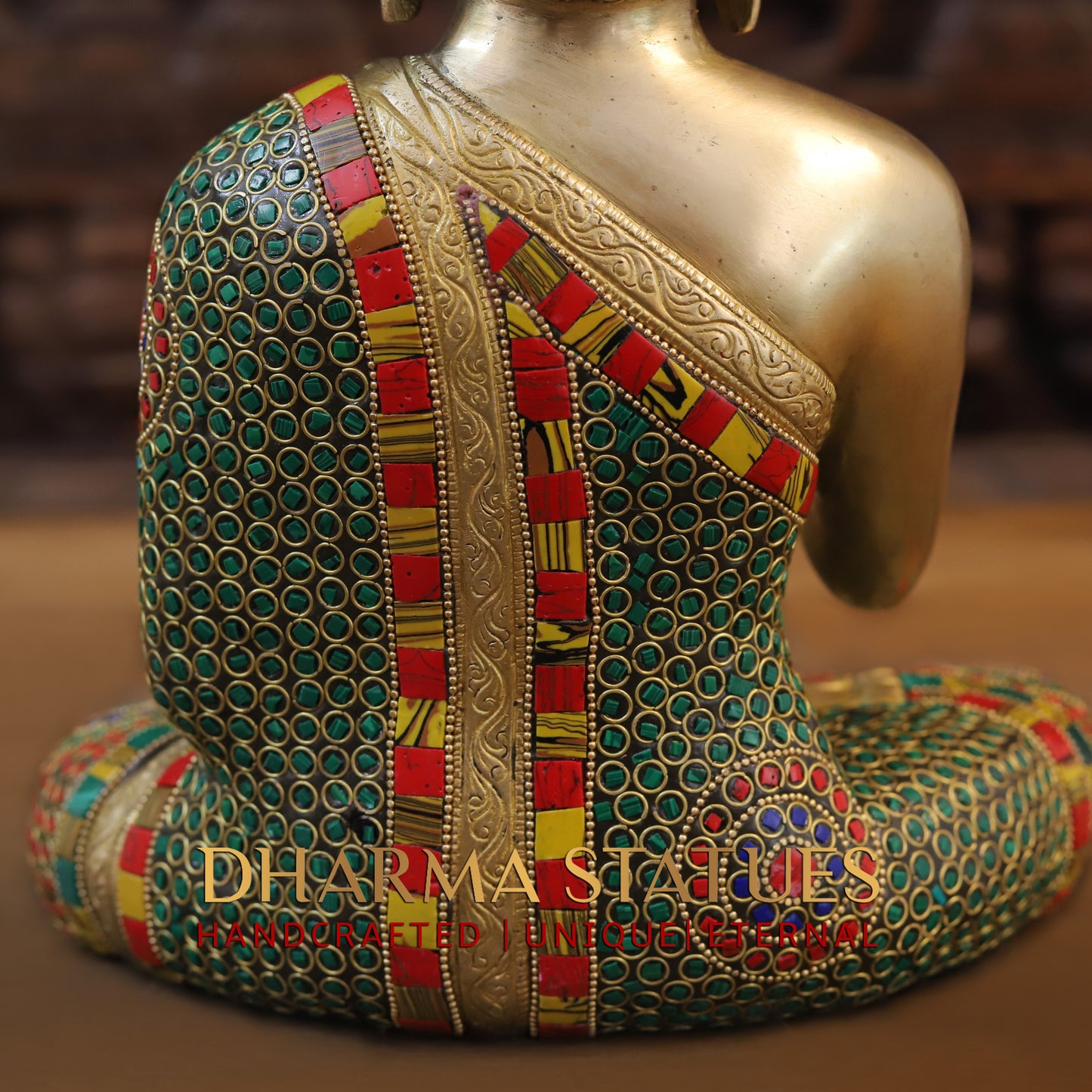 Brass Buddha seated, Blessing Position, Golden & Stonework, 12"