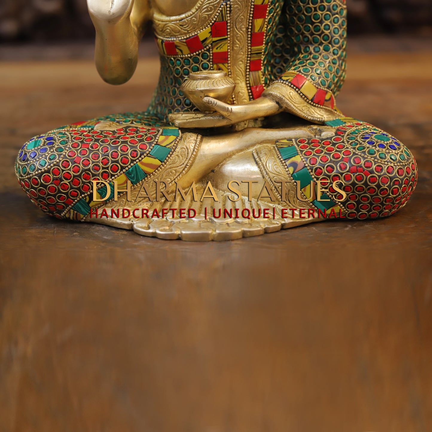 Brass Buddha seated, Blessing Position, Golden & Stonework, 12"