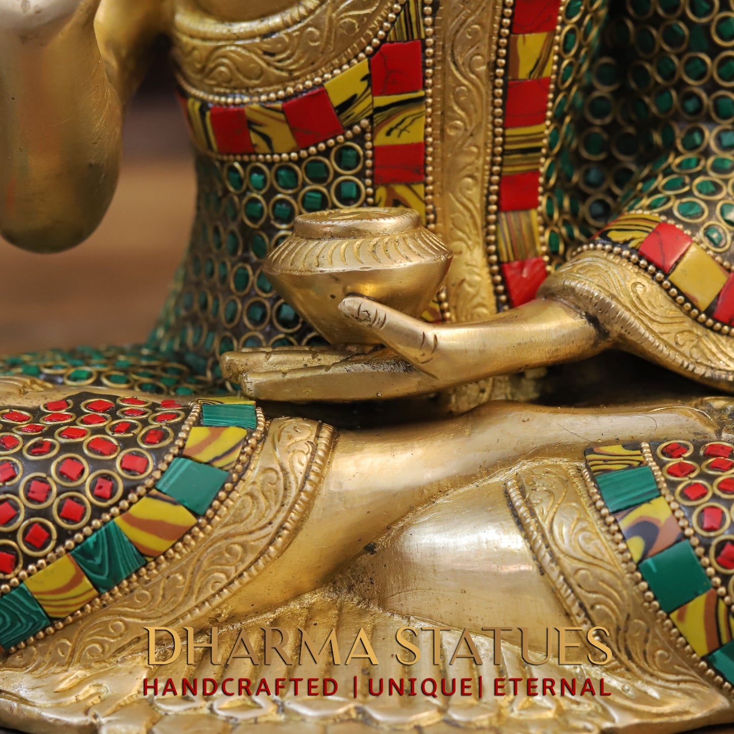 Brass Buddha seated, Blessing Position, Golden & Stonework, 12"