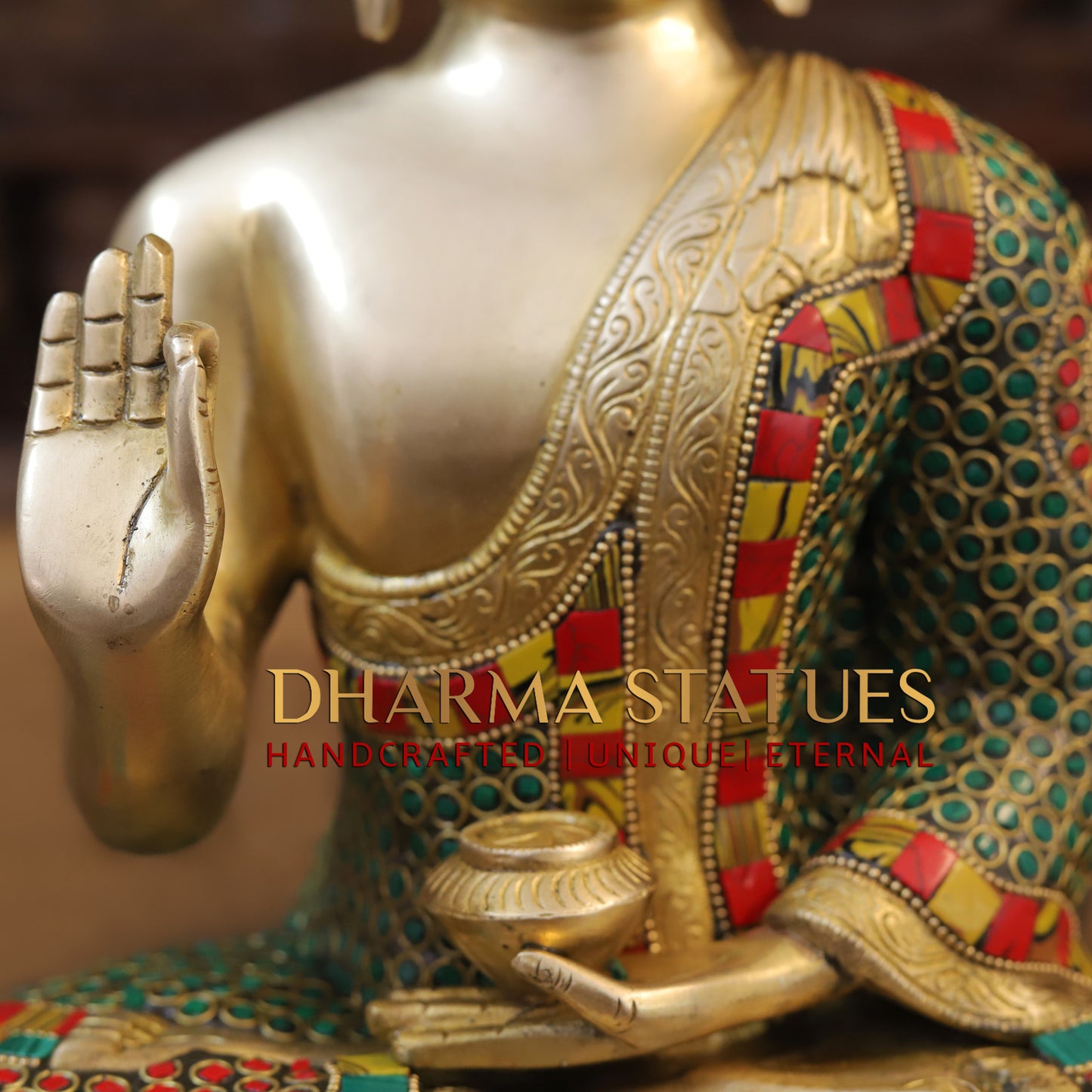 Brass Buddha seated, Blessing Position, Golden & Stonework, 12"