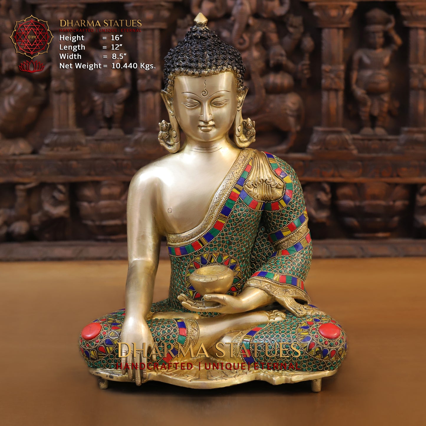 Brass Buddha seated, Blessing Position, Golden & Stonework, 16"