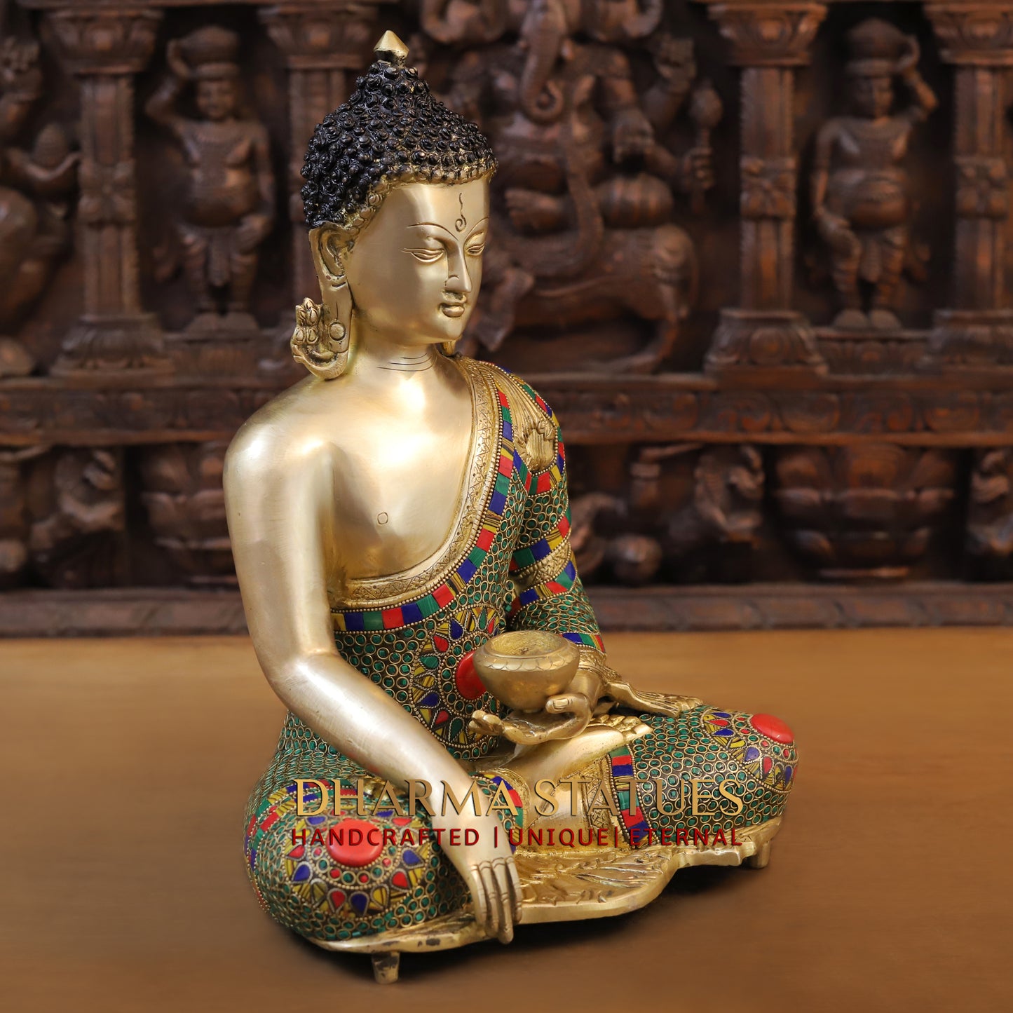 Brass Buddha seated, Blessing Position, Golden & Stonework, 16"