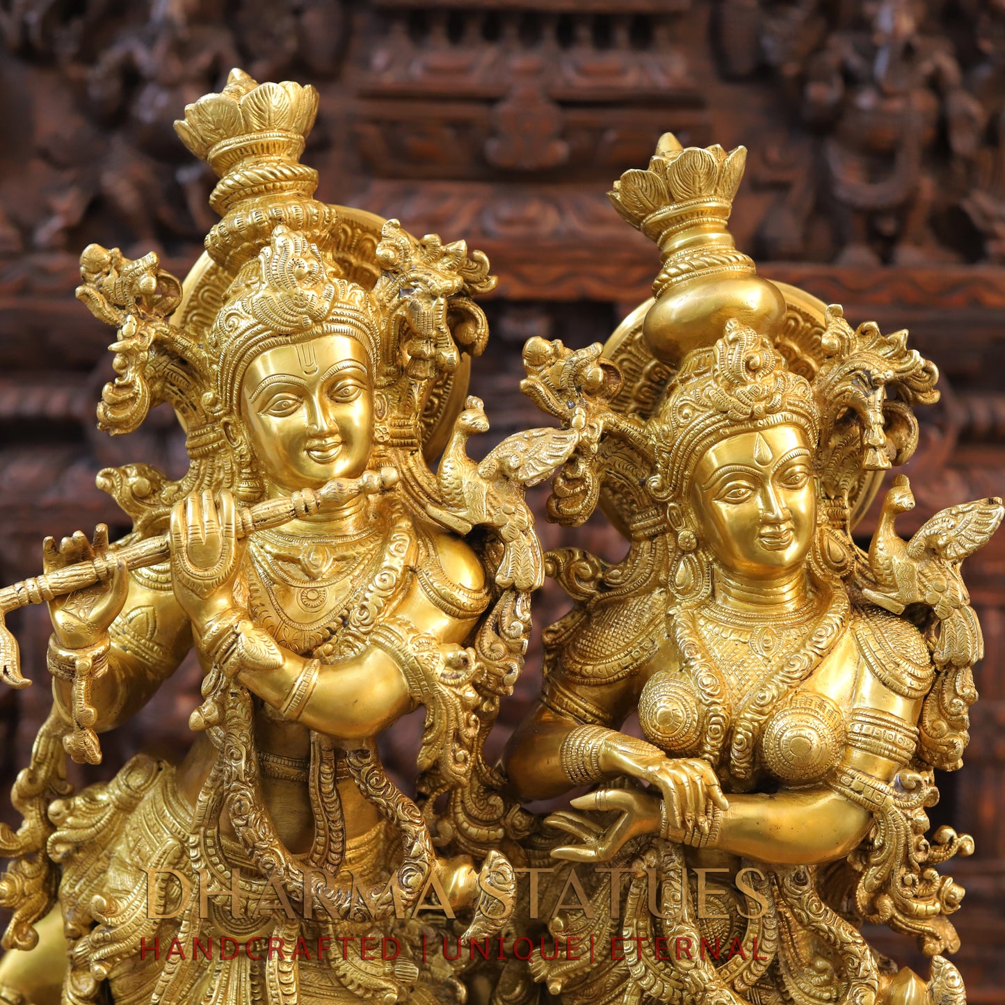 Brass Radha Krishna Standing with Cow on a Single Base, Golden Finish, 27"