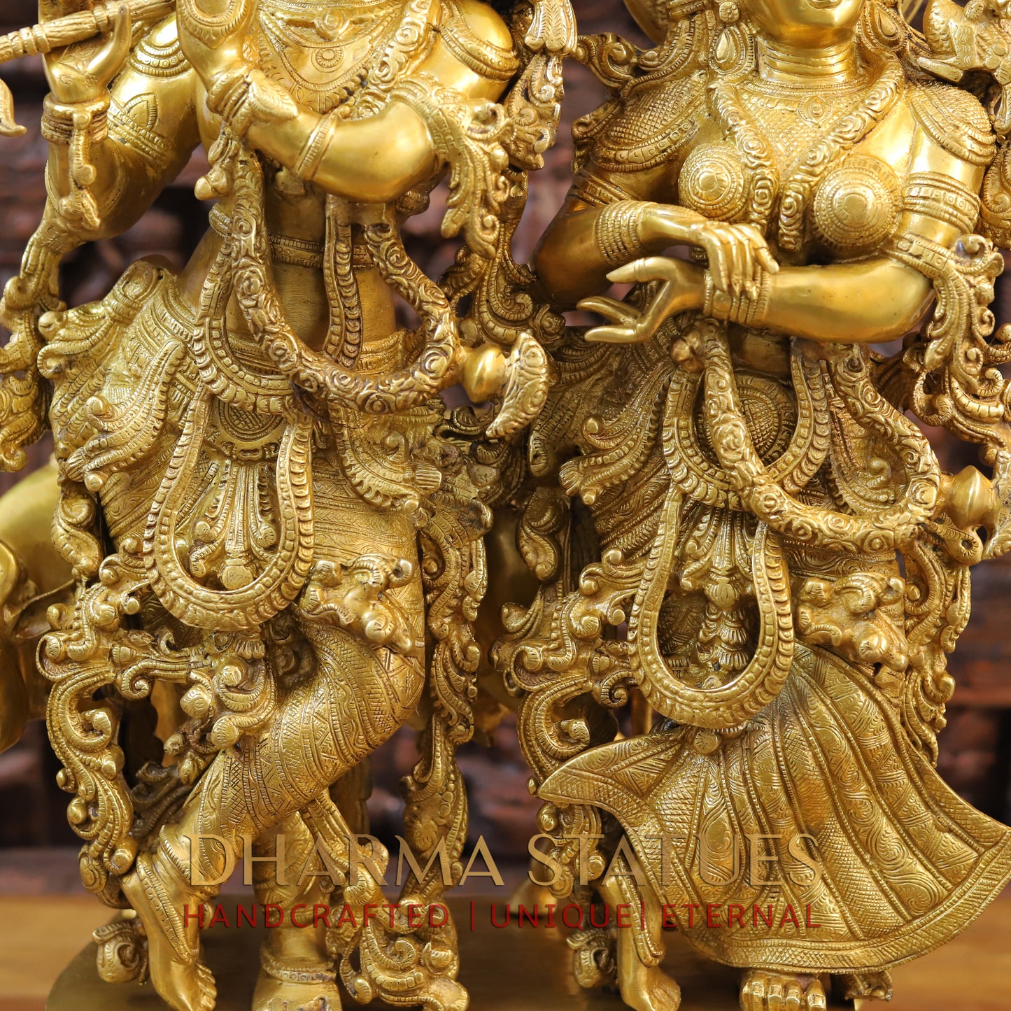 Brass Radha Krishna Standing with Cow on a Single Base, Golden Finish, 27"
