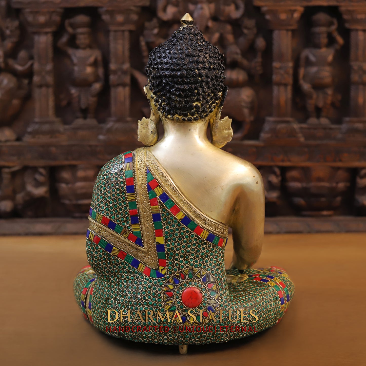 Brass Buddha seated, Blessing Position, Golden & Stonework, 16"