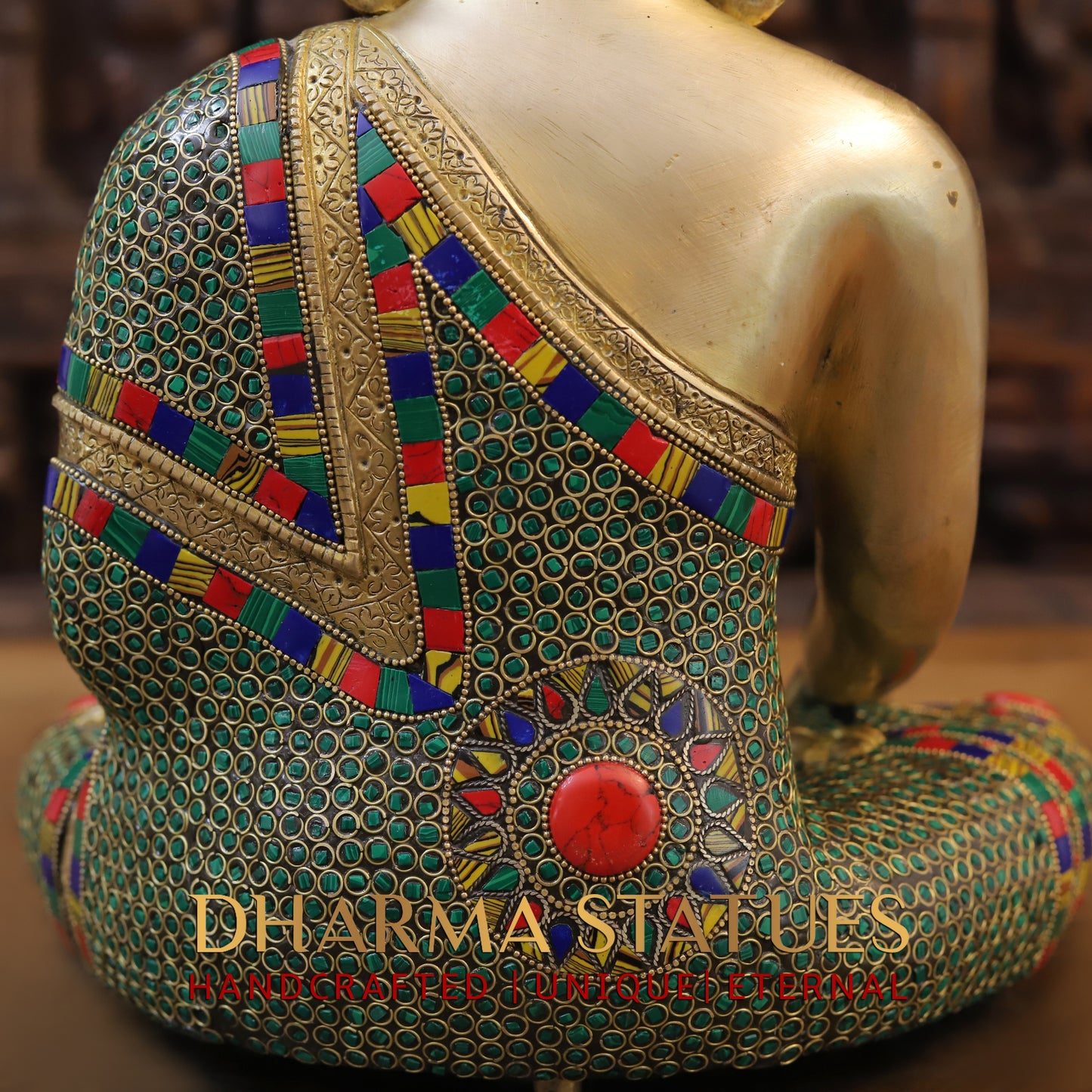 Brass Buddha seated, Blessing Position, Golden & Stonework, 16"